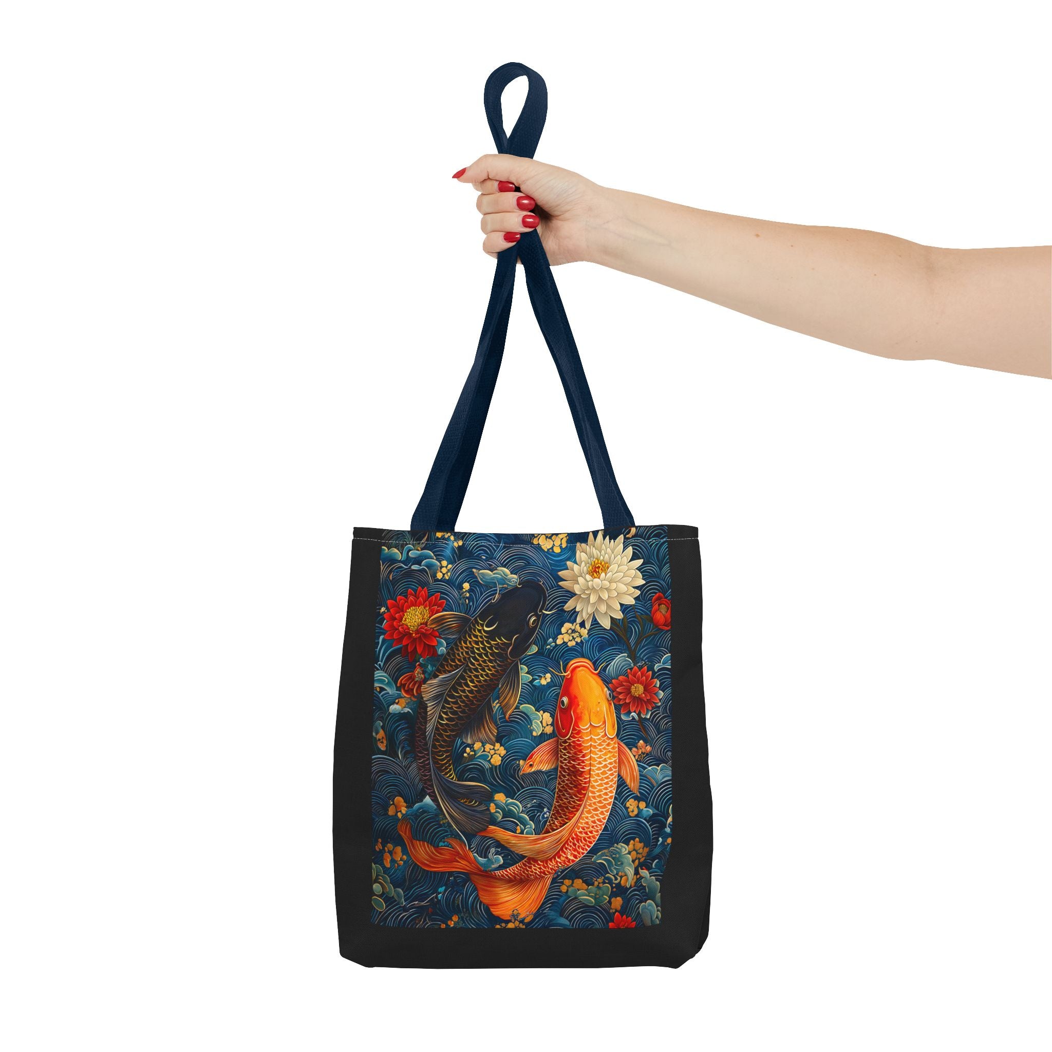 Elegant Koi Fish Tote Bag - Bright Blue Floral Design