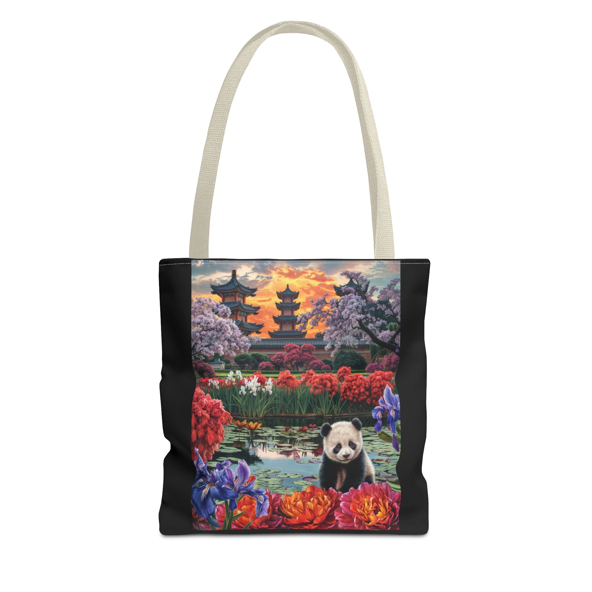 Serene Panda Tote Bag - Floral Landscape Design for Nature Lovers