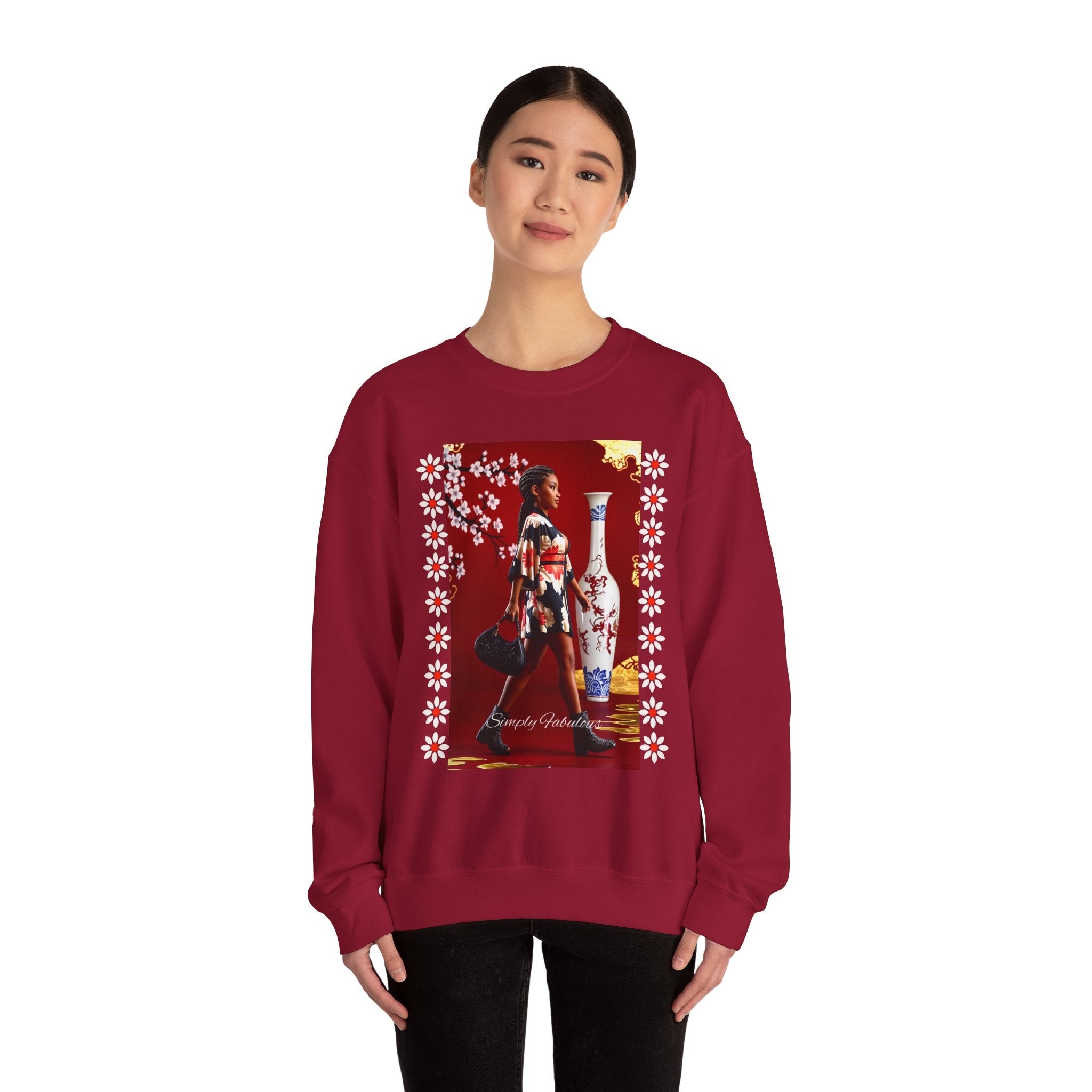 Elegant Asian-Inspired Graphic Crewneck Sweatshirt