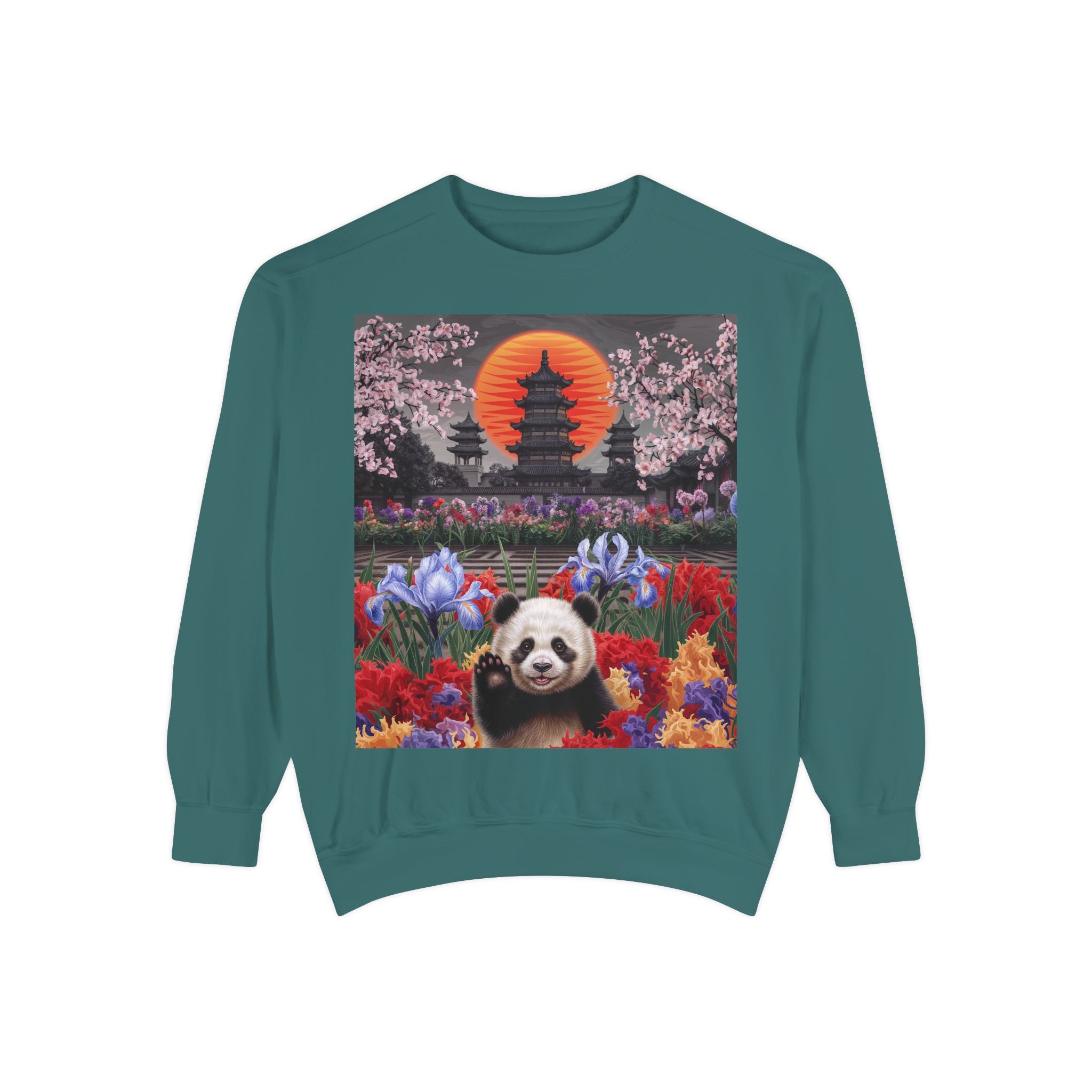 Cozy Panda Garden Sweatshirt - Unisex Garment-Dyed Apparel