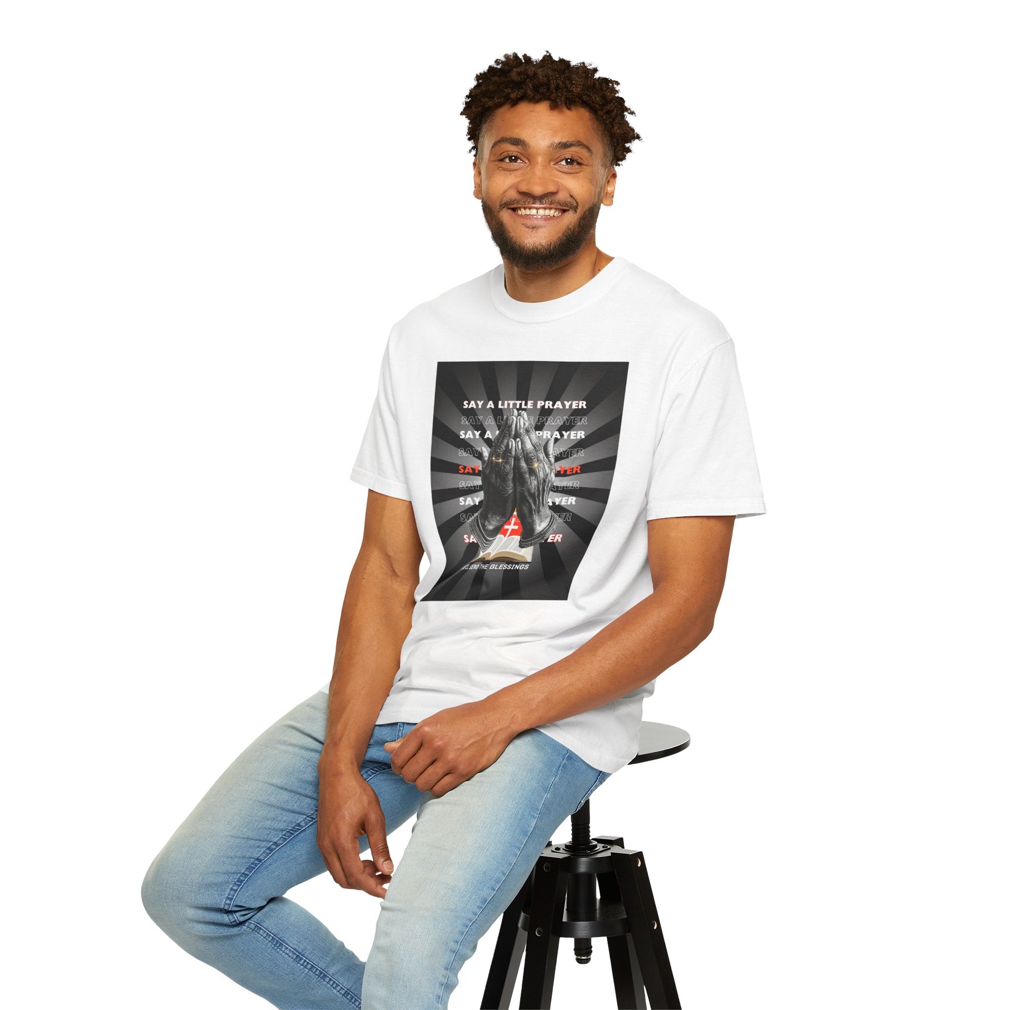 Praying Hands Unisex Garment-Dyed T-Shirt - Inspirational Say a Little Prayer Tee - Angel Body