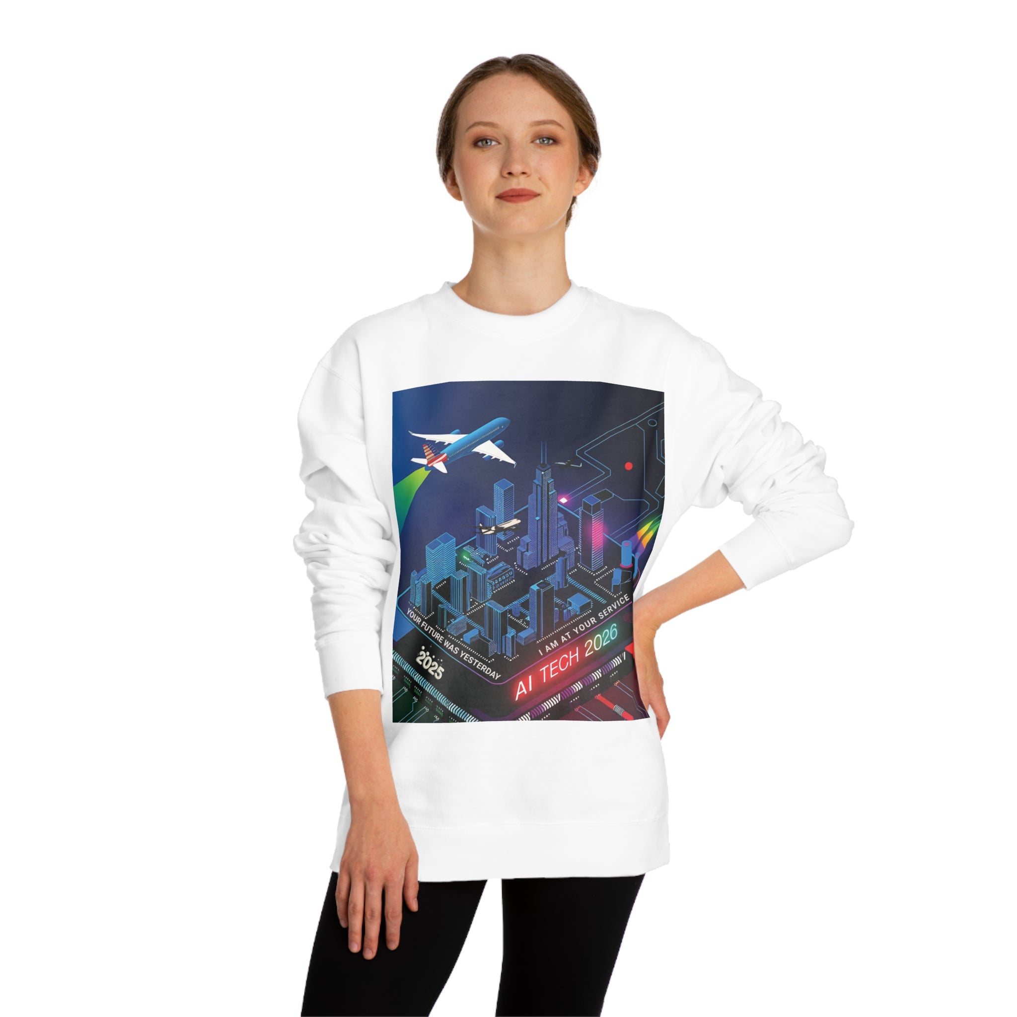 AI Tech 2026 Unisex Crew Neck Sweatshirt - Futuristic Cityscape Design for Tech Enthusiasts