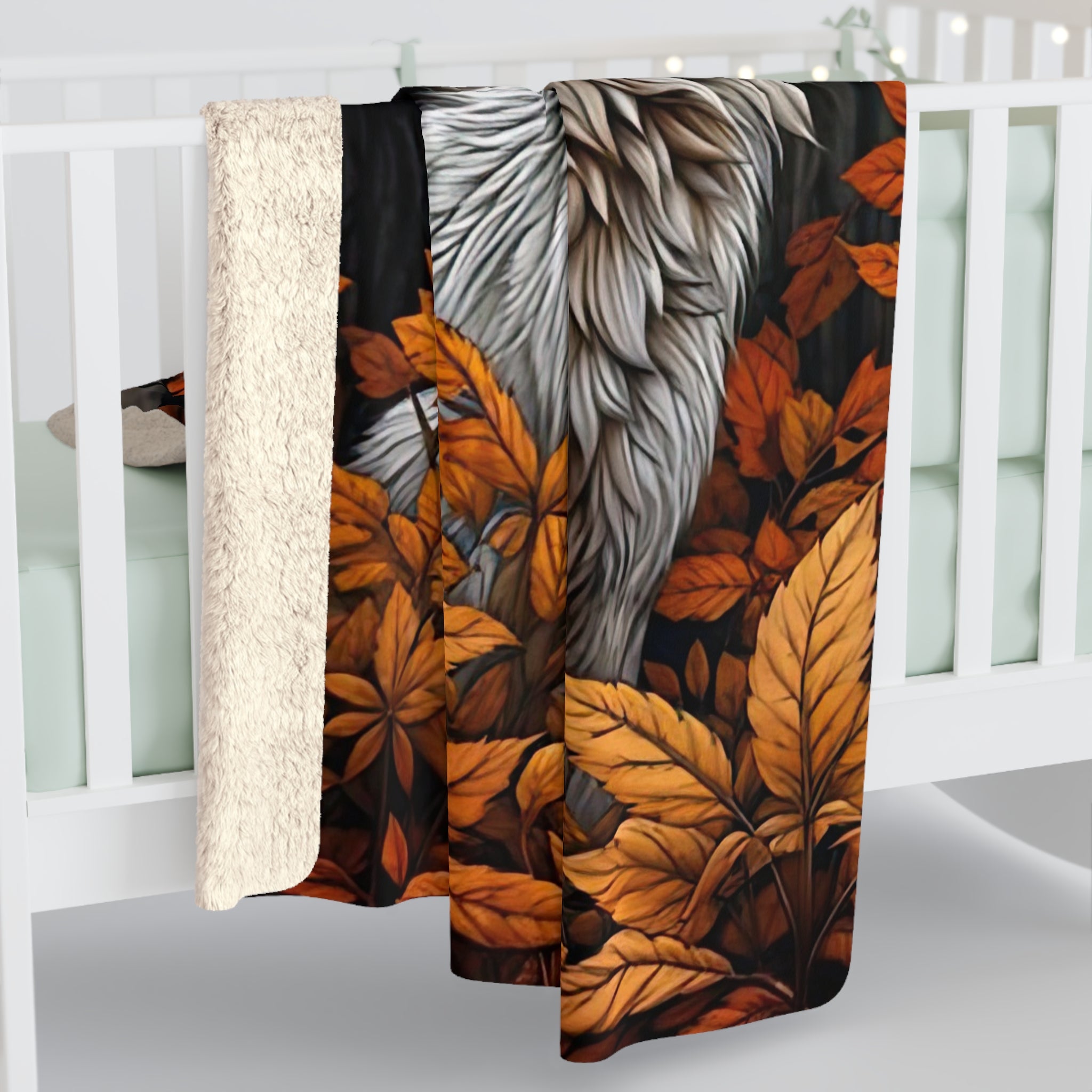 Cozy Wilderness Sherpa Fleece Blanket - Autumn Leaves & Wolf Design