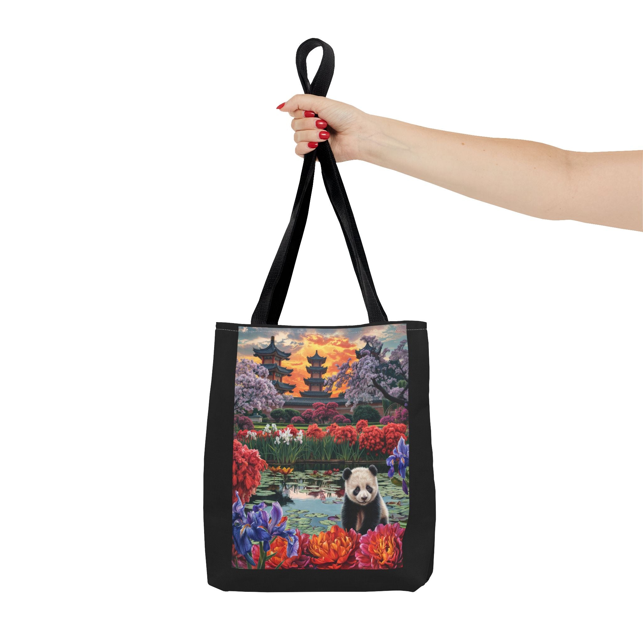 Serene Panda Tote Bag - Floral Landscape Design for Nature Lovers