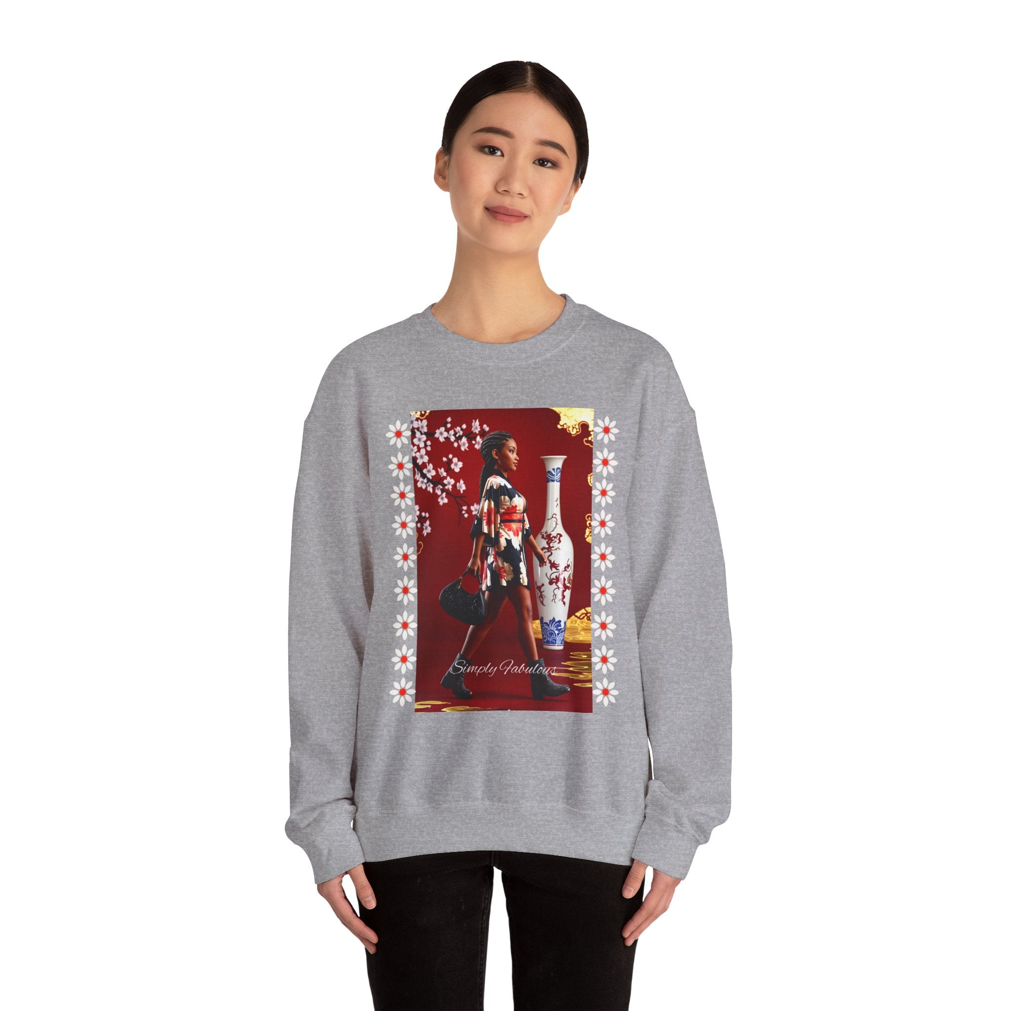 Elegant Asian-Inspired Graphic Crewneck Sweatshirt