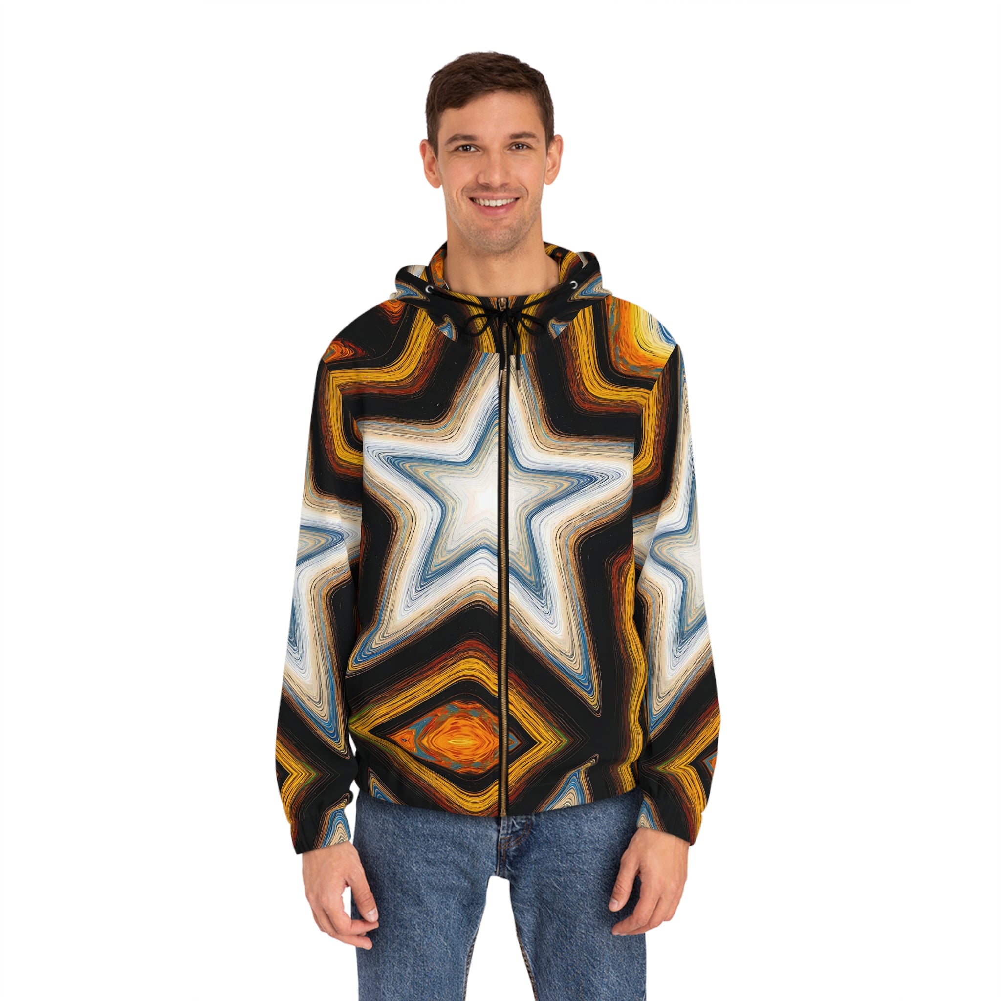 Cosmic Star Men's Full-Zip Hoodie - Vibrant Galaxy Design