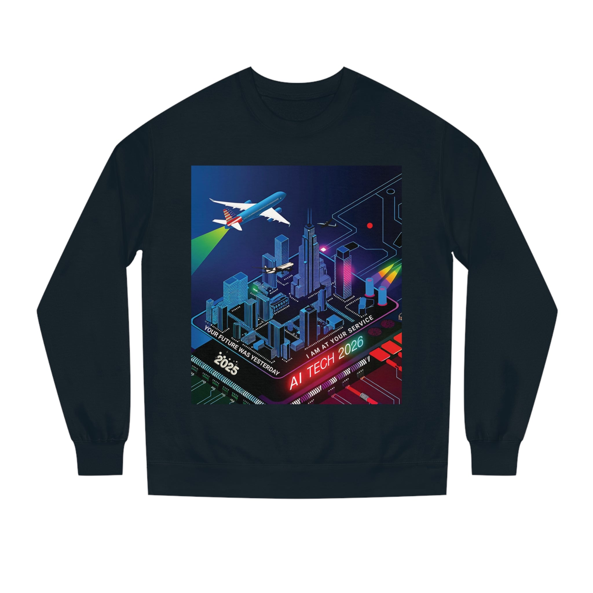 AI Tech 2026 Unisex Crew Neck Sweatshirt - Futuristic Cityscape Design for Tech Enthusiasts