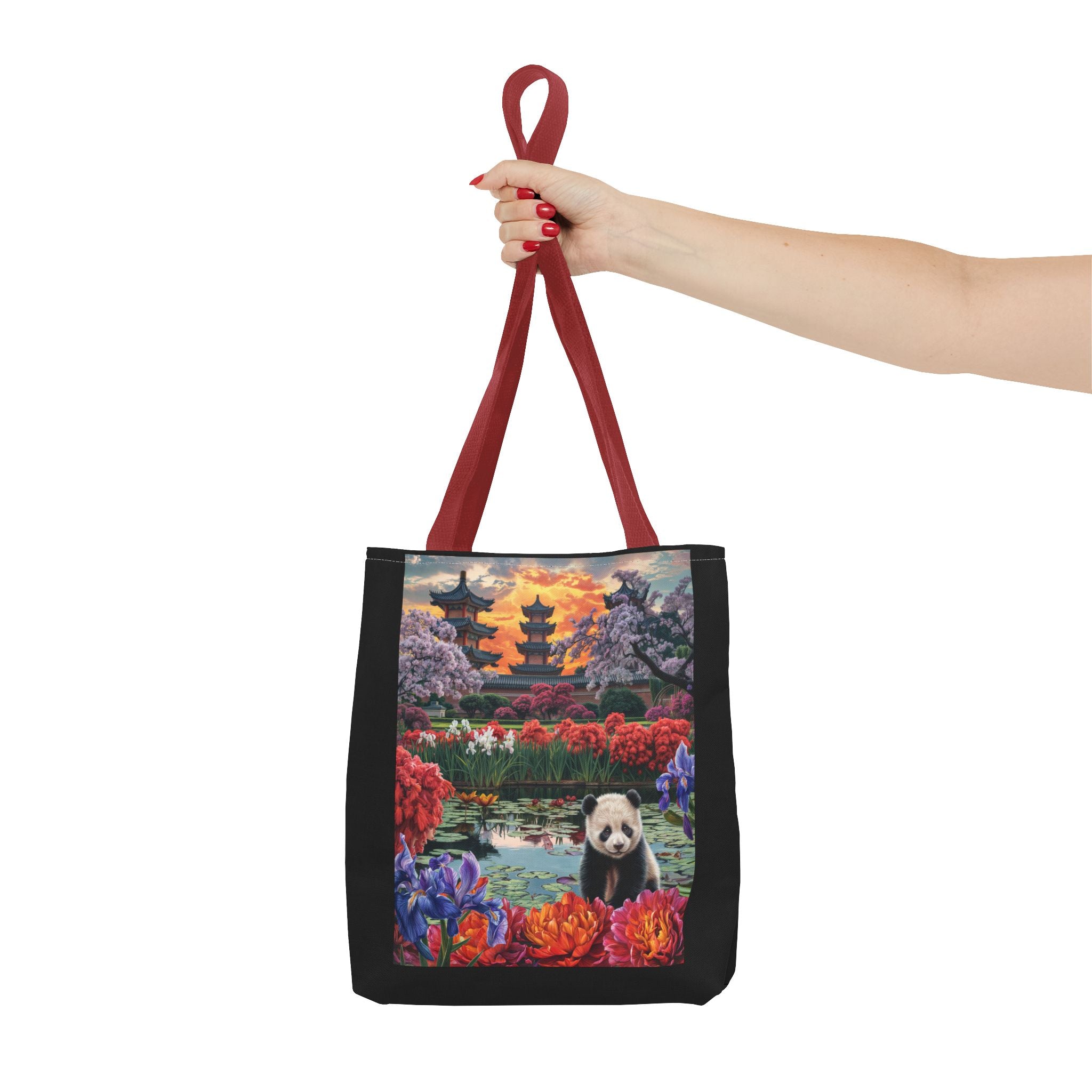 Serene Panda Tote Bag - Floral Landscape Design for Nature Lovers