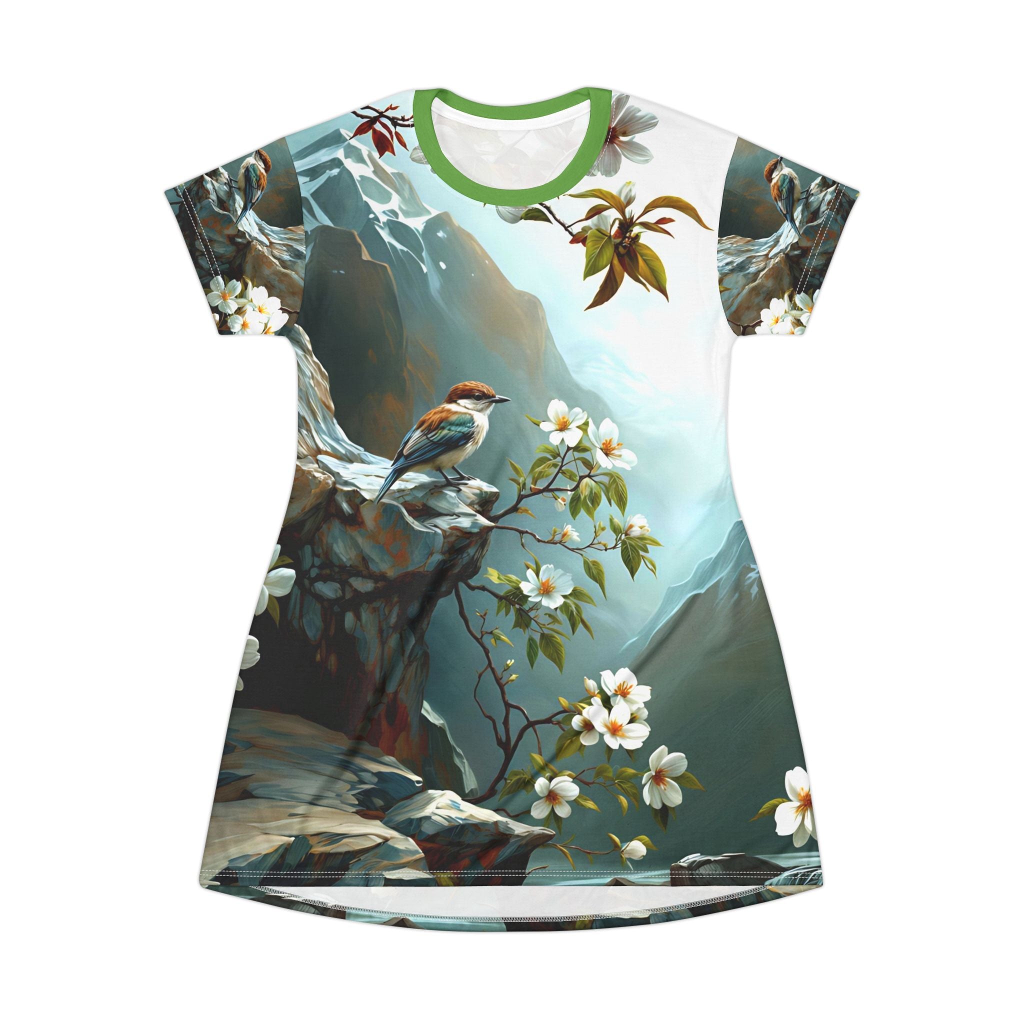 Woman's Nature-Inspired T-Shirt Dress with Floral and Bird Design