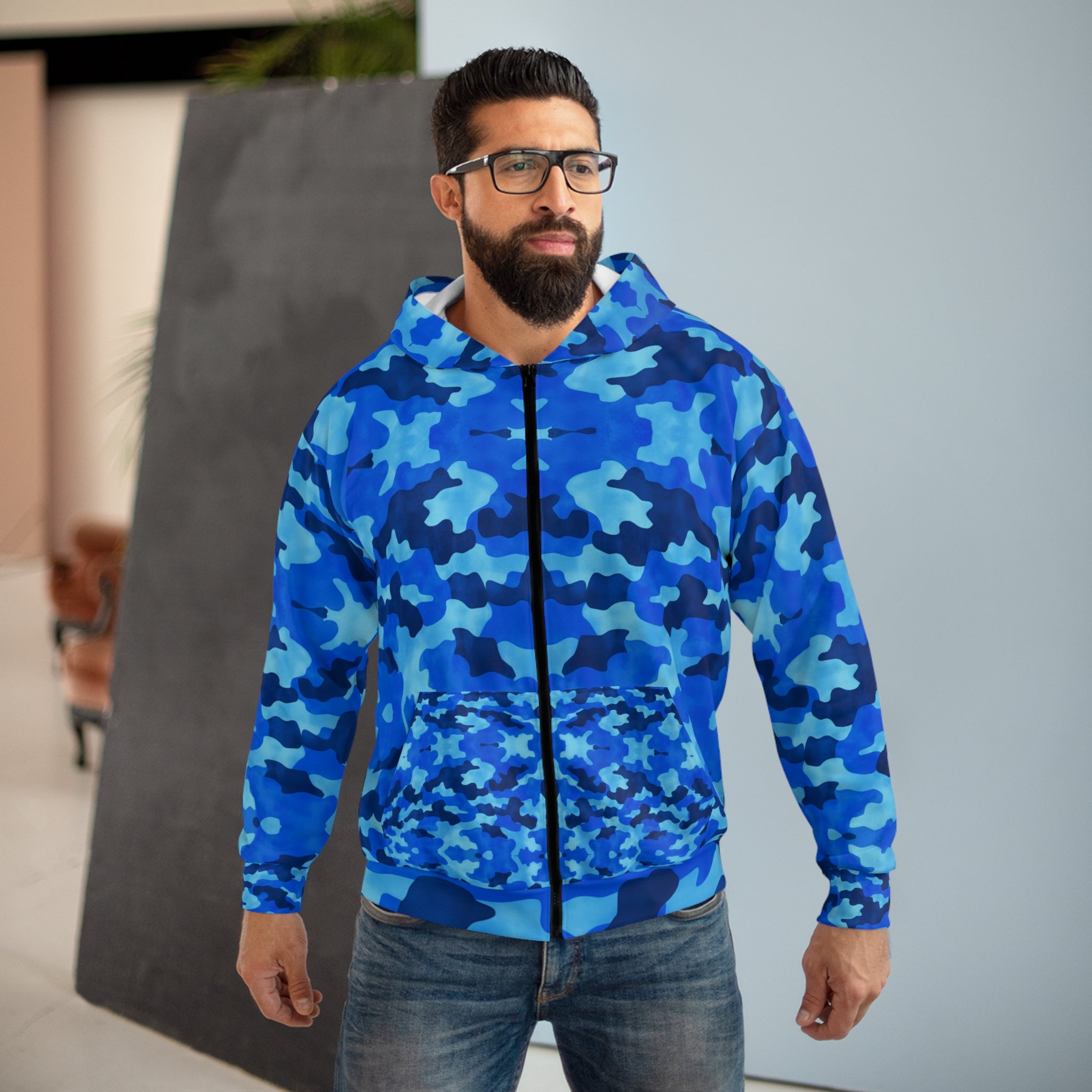 Blue Camouflage Hoodie - Funny Motivational Words - Unisex Zip