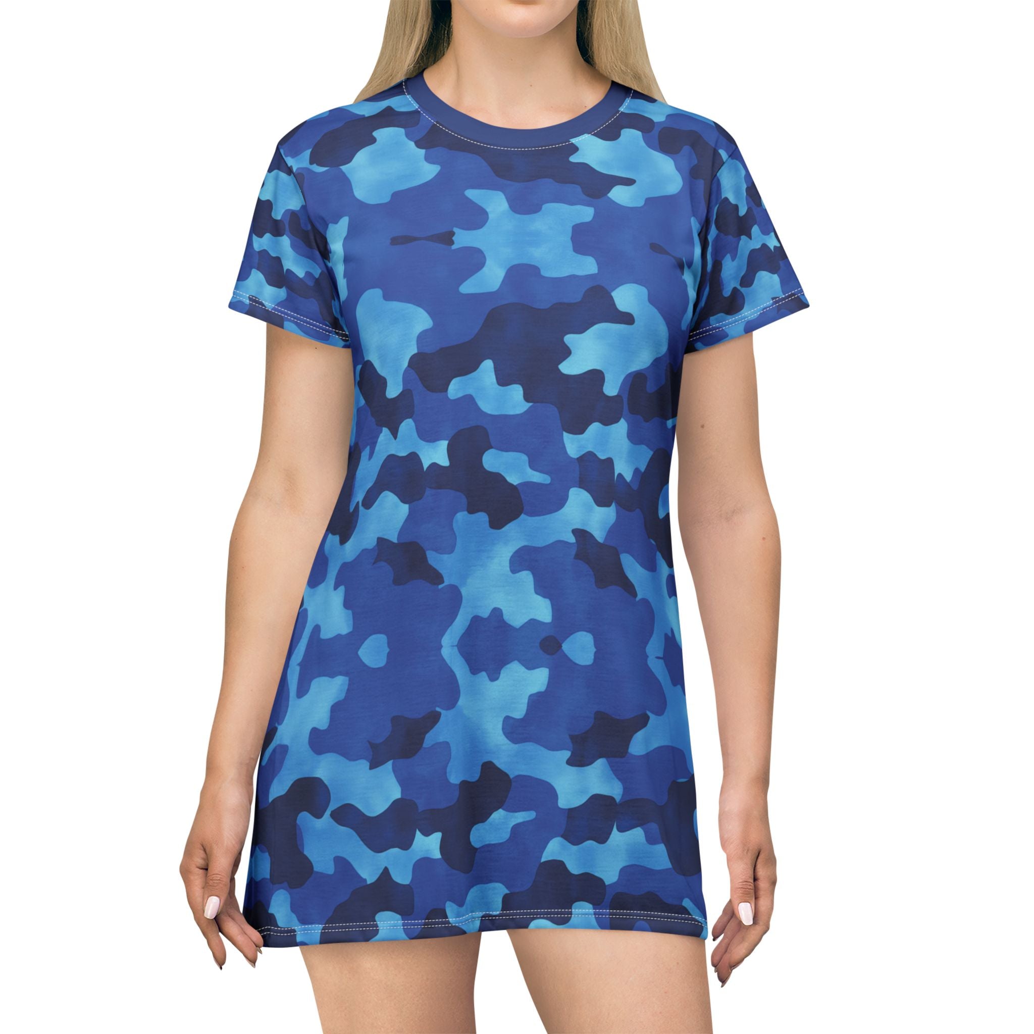 Blue Camo Print T-Shirt Dress - Comfortable and Stylish for Casual Wear