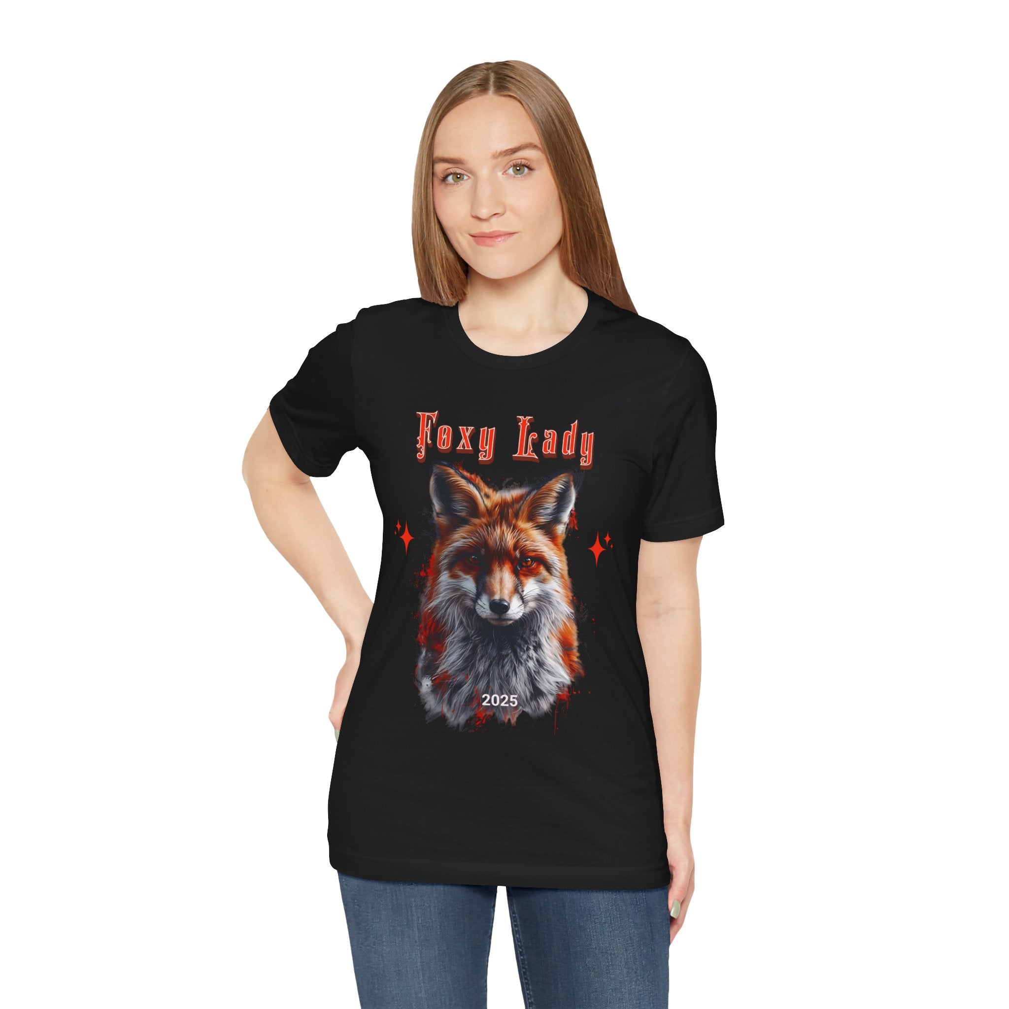 Unisex Jersey Short Sleeve Tee: A beautiful Red Fox with the words foxy lady