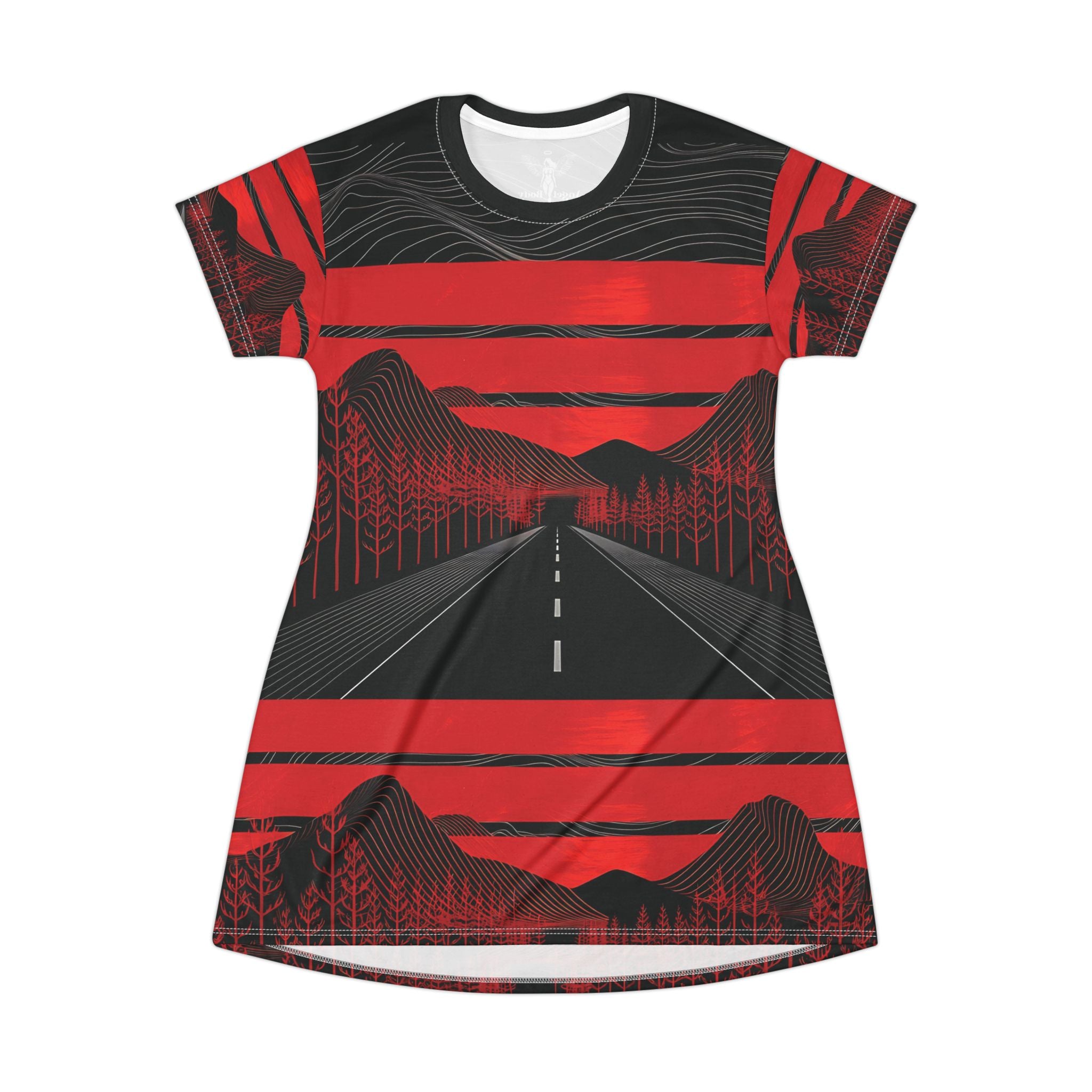 Scenic Adventure T-Shirt Dress - Bold Red Stripes & Mountain Road Design