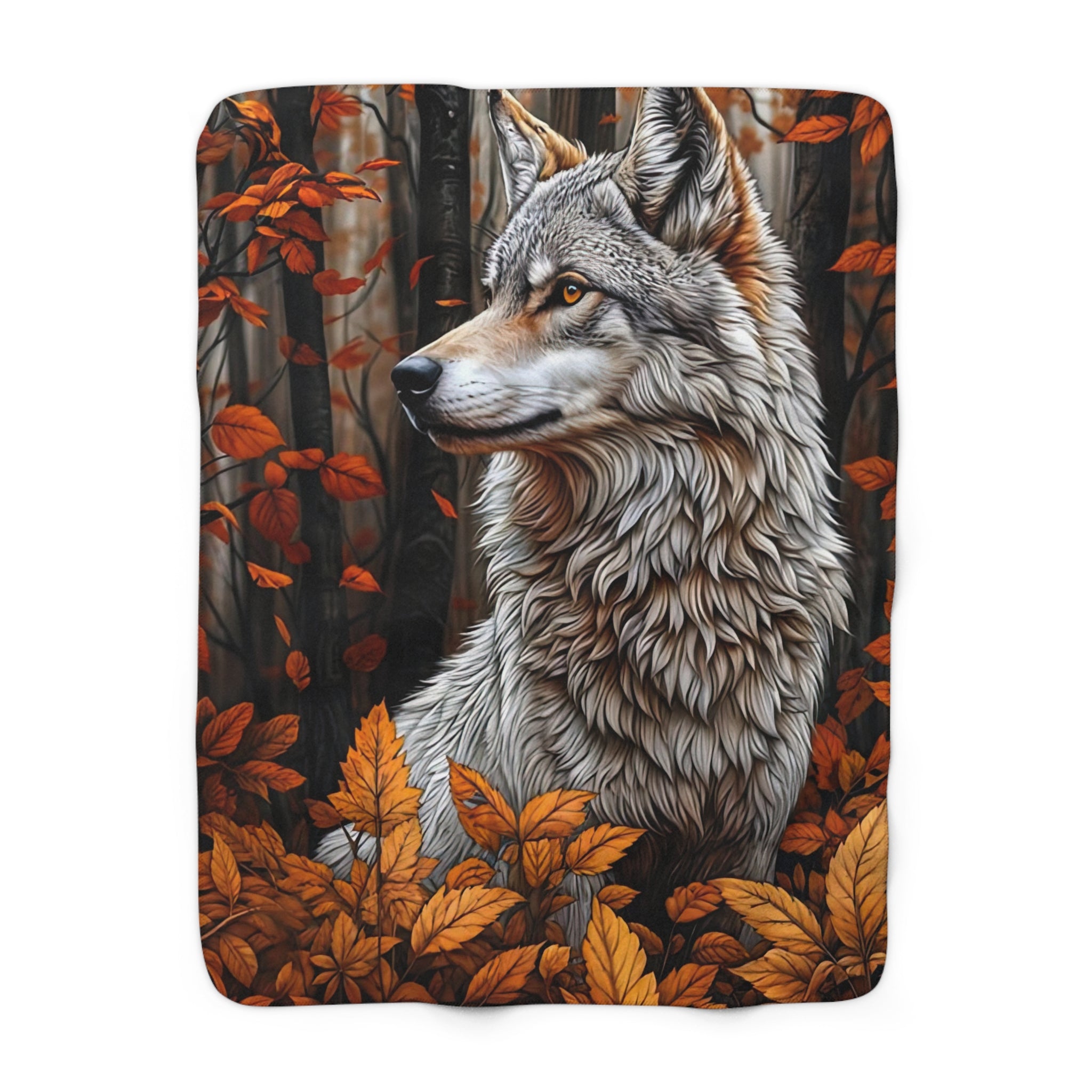 Cozy Wilderness Sherpa Fleece Blanket - Autumn Leaves & Wolf Design