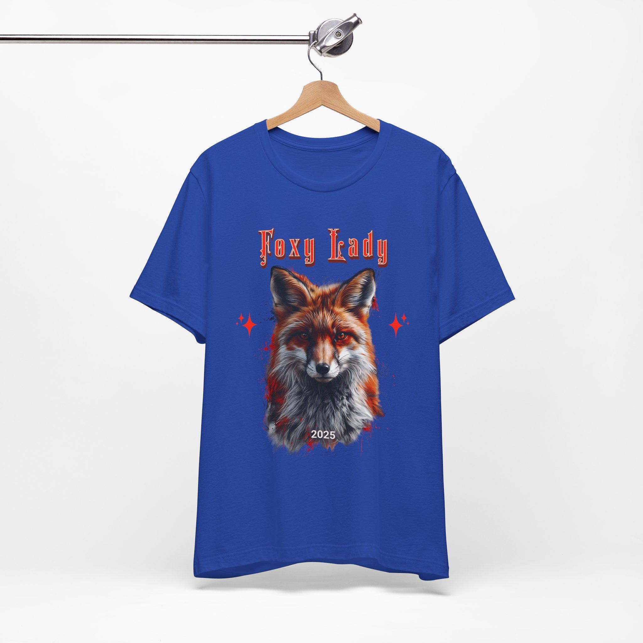 Unisex Jersey Short Sleeve Tee: A beautiful Red Fox with the words foxy lady