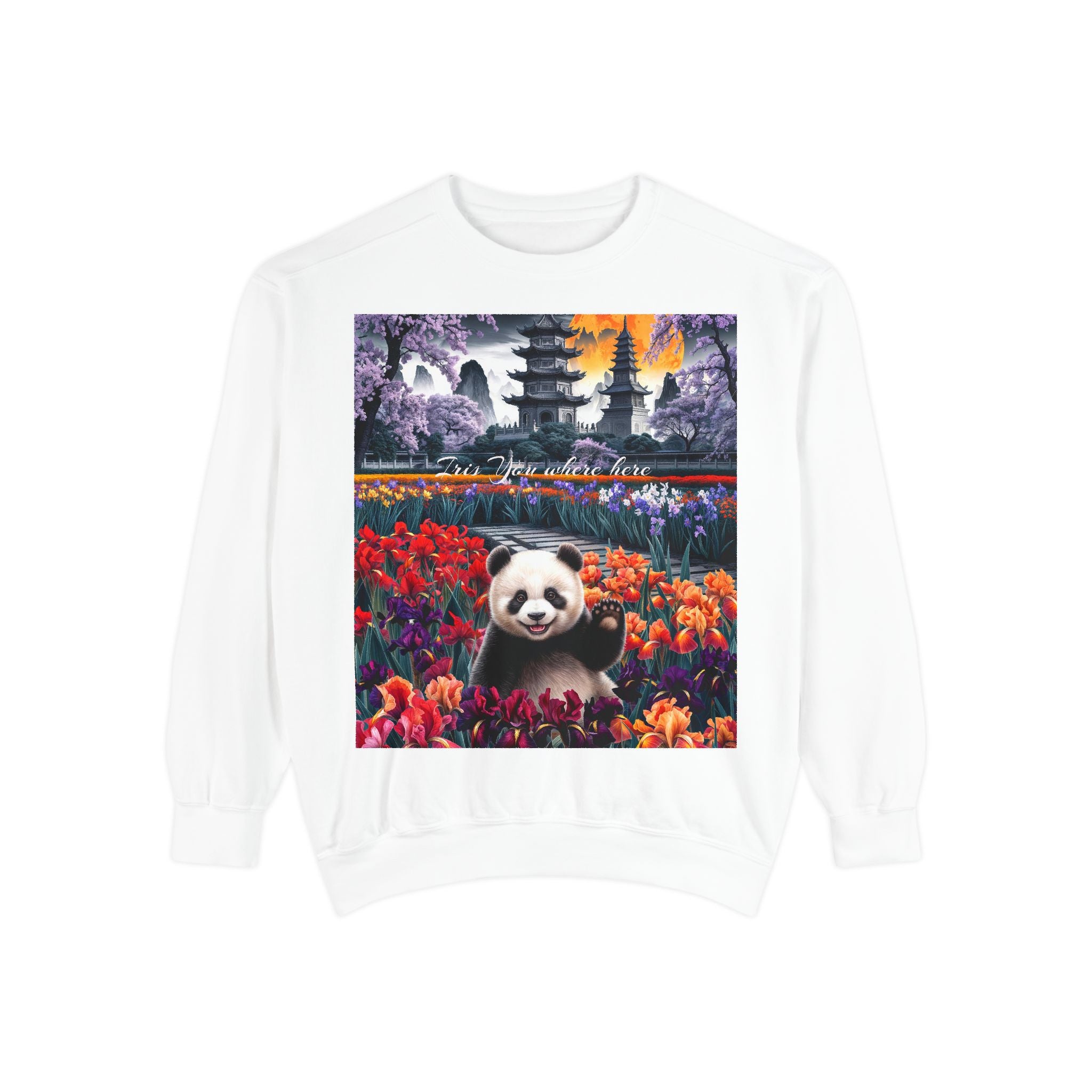 Whimsical Panda Sweatshirt - Cozy Unisex Garment-Dyed Pullover with Floral Design