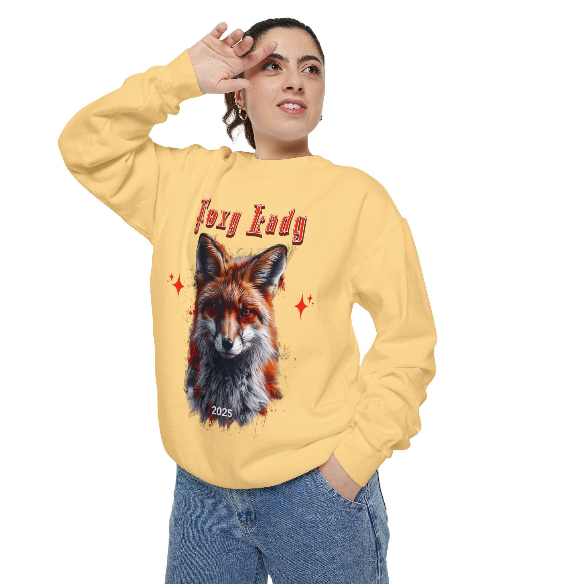 Unisex Garment - Dyed Sweatshirt: Wildlife Red Fox - with the words Foxy Lady - Angel Body