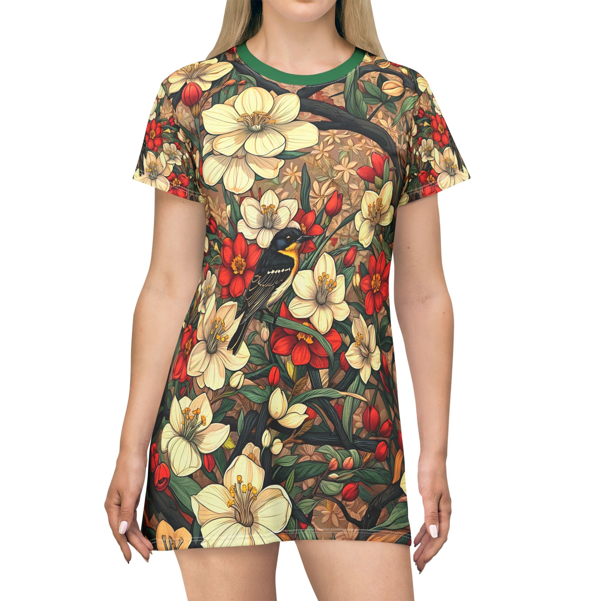 Boho Floral T-Shirt Dress with Bird Design