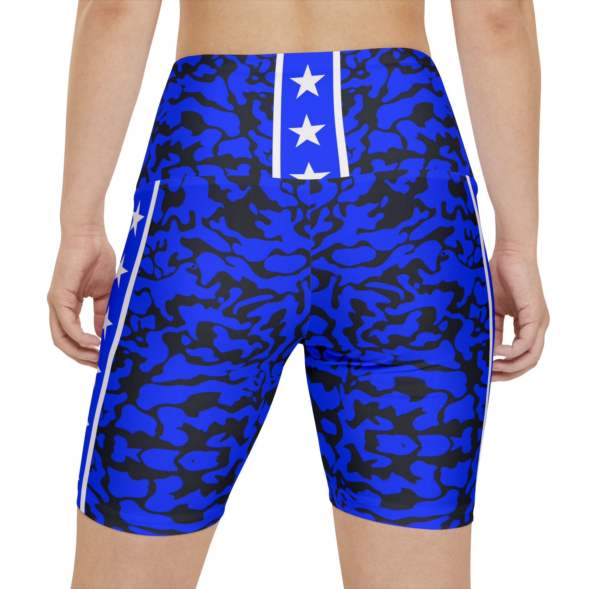 Stylish Blue Camo Workout Shorts for Women - Perfect for Fitness Enthusiasts