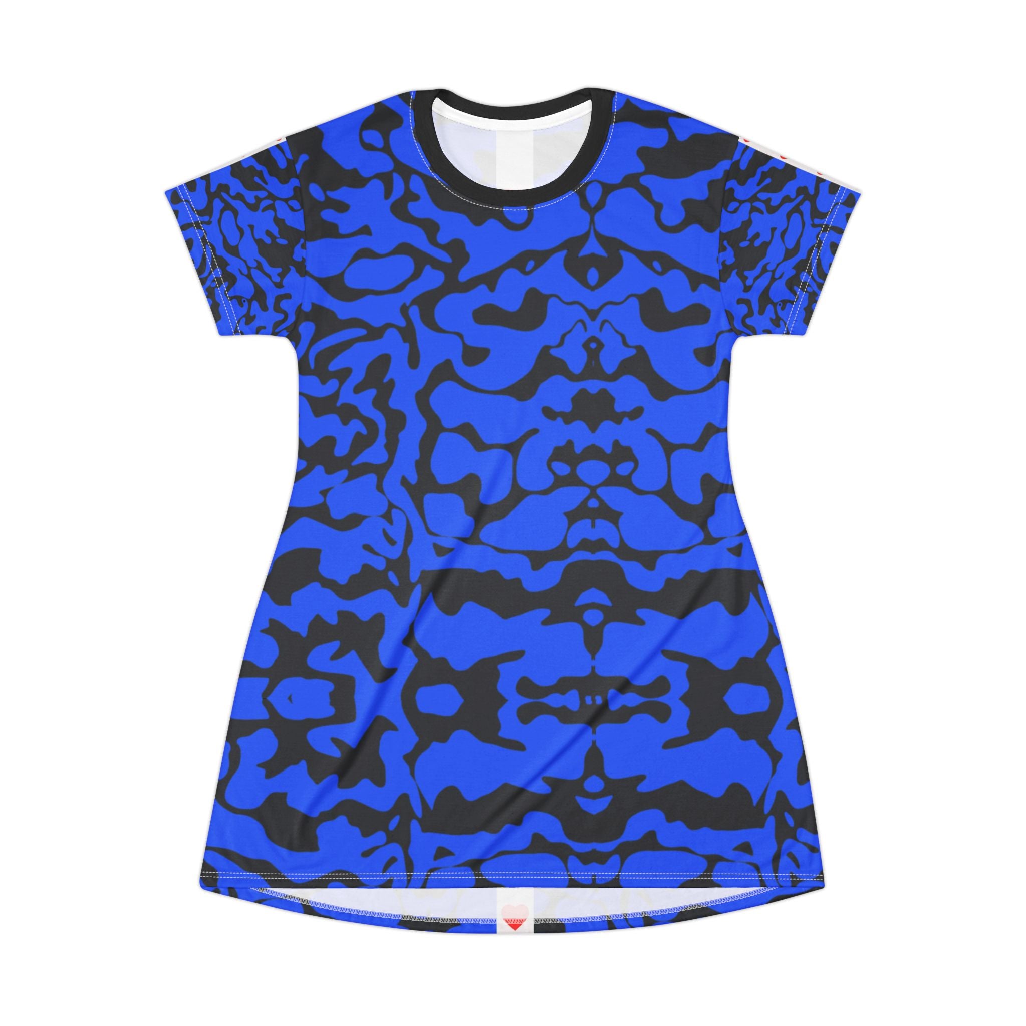 Chic Blue Camouflage T-Shirt Dress with Red Heart Detail