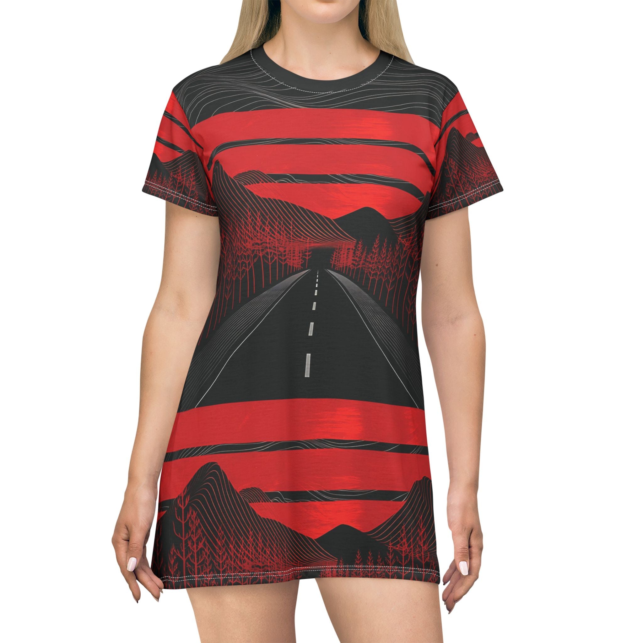 Scenic Adventure T-Shirt Dress - Bold Red Stripes & Mountain Road Design