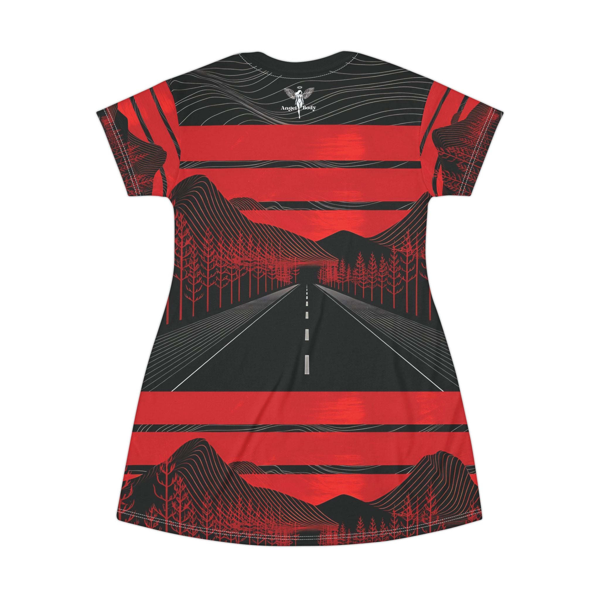 Scenic Adventure T-Shirt Dress - Bold Red Stripes & Mountain Road Design