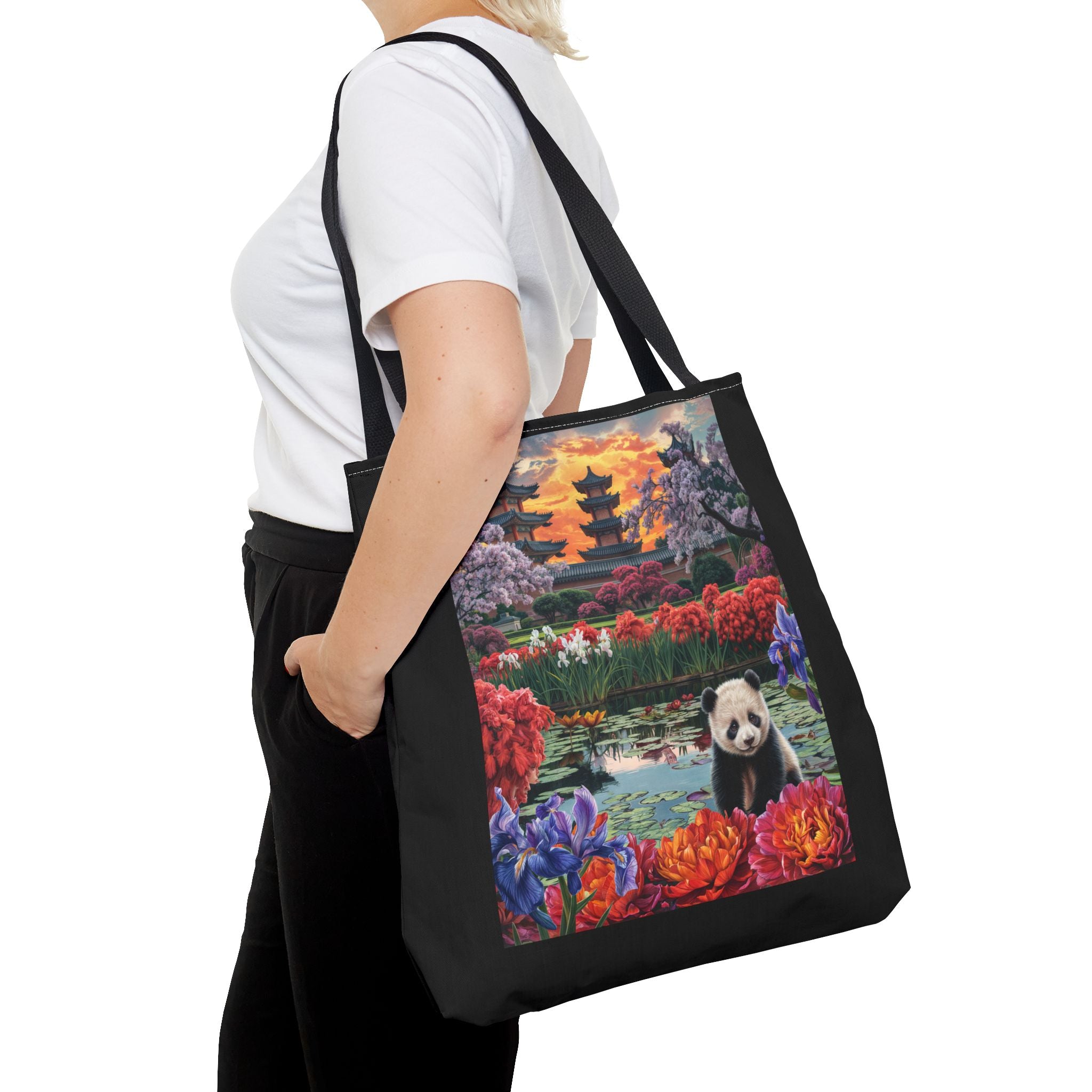 Serene Panda Tote Bag - Floral Landscape Design for Nature Lovers