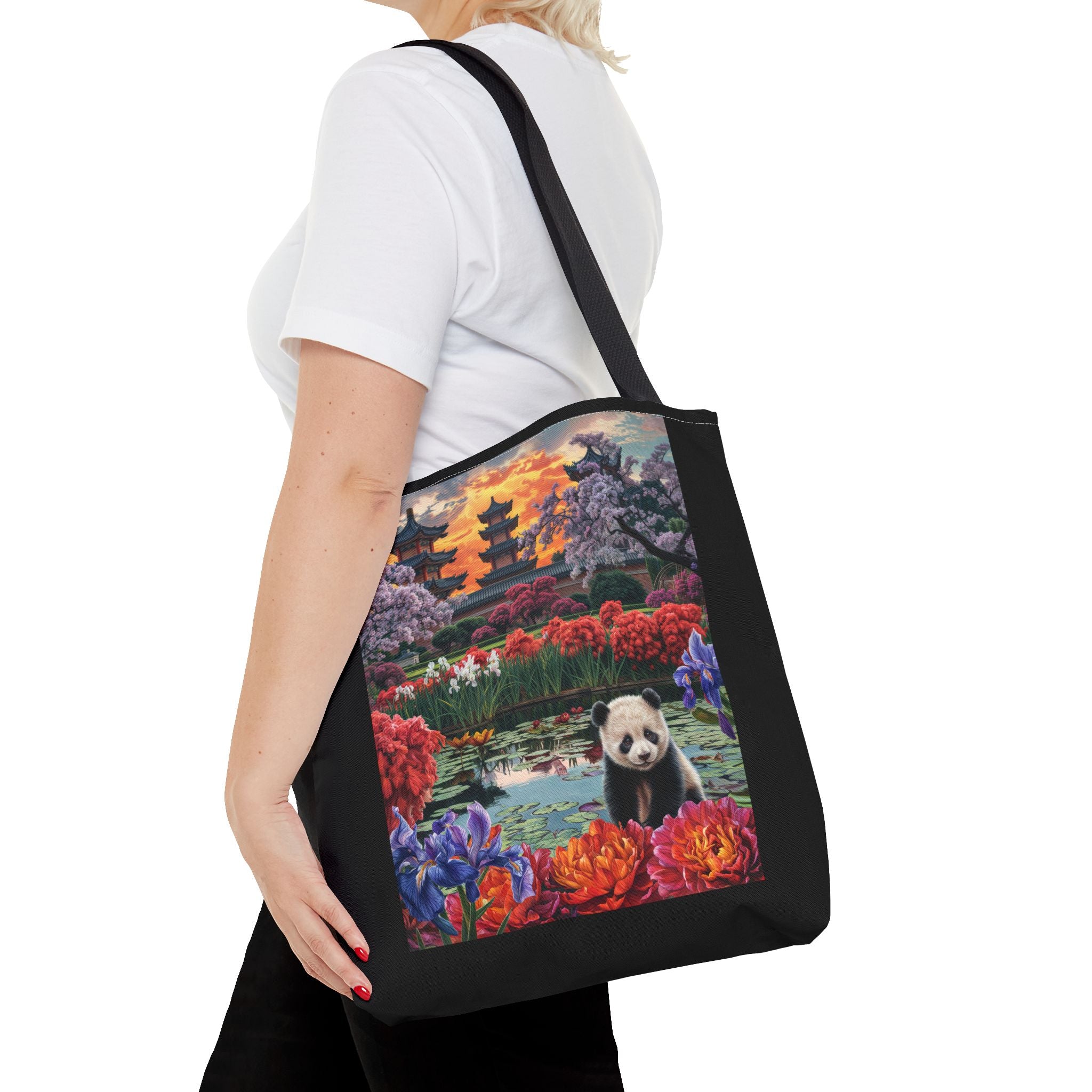 Serene Panda Tote Bag - Floral Landscape Design for Nature Lovers