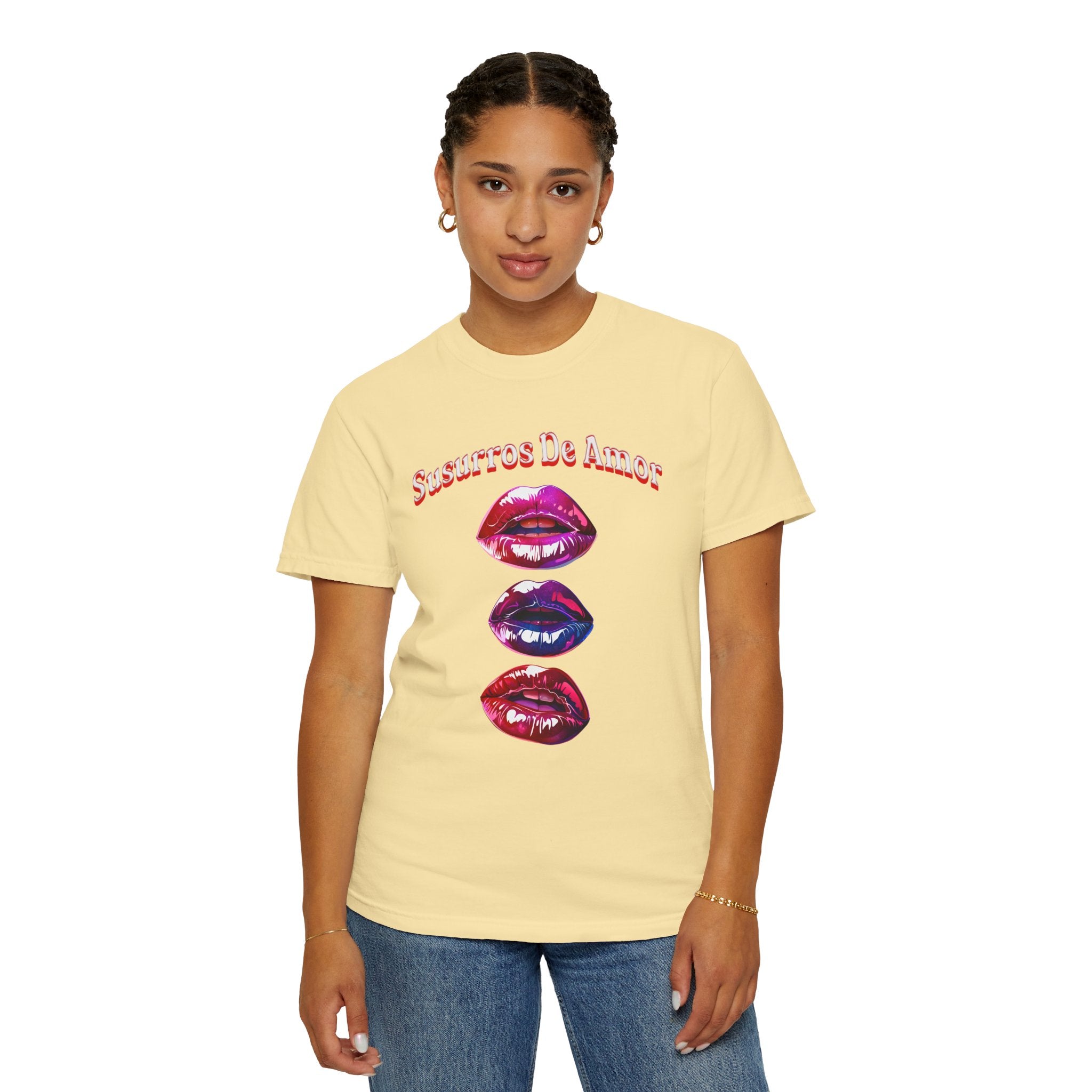 Woman's  Susurros De Amor Garment-Dyed T-Shirt for Love Enthusiasts