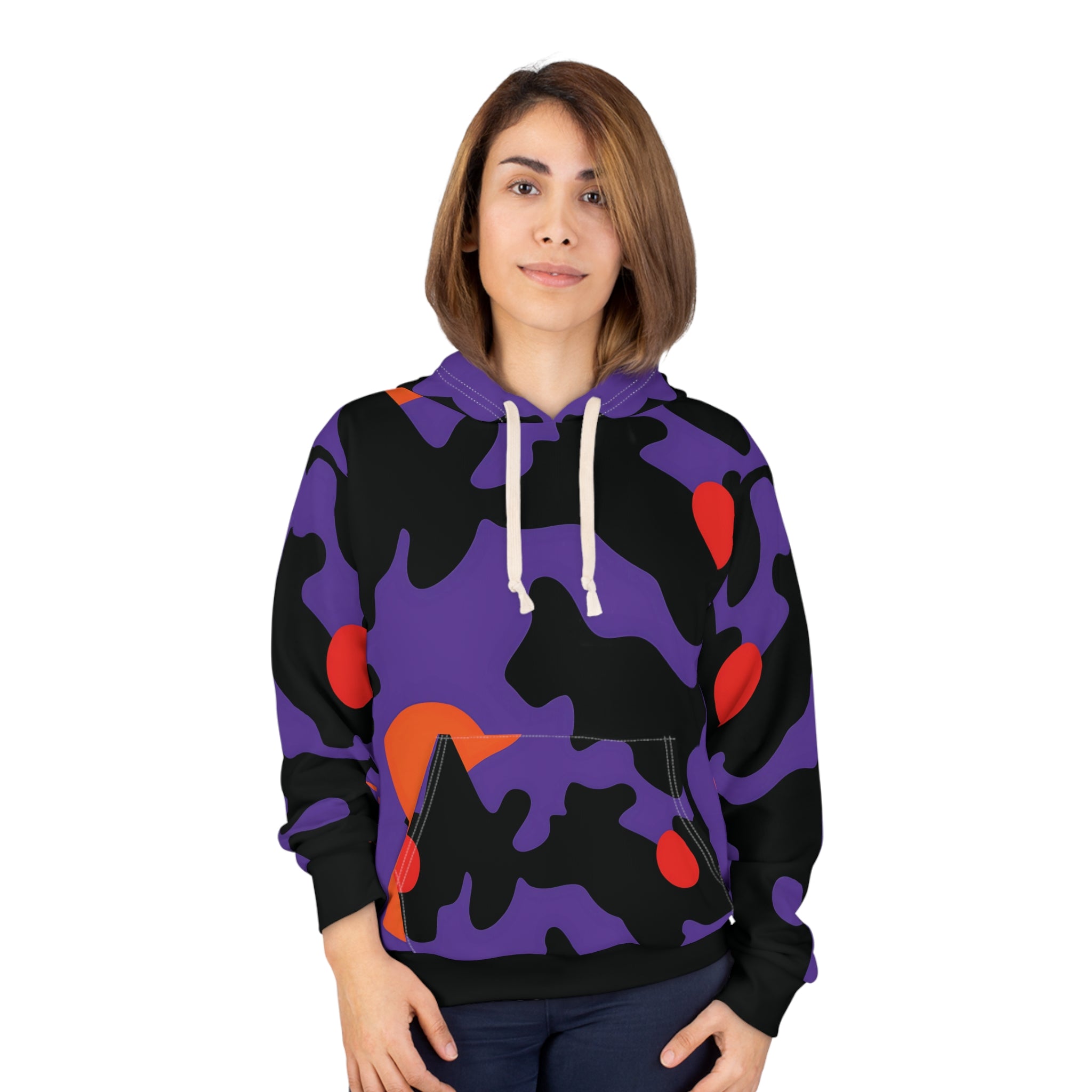 Soft Vibrant Abstract Camo Unisex Hoodie - Royal Purple & Orange Design