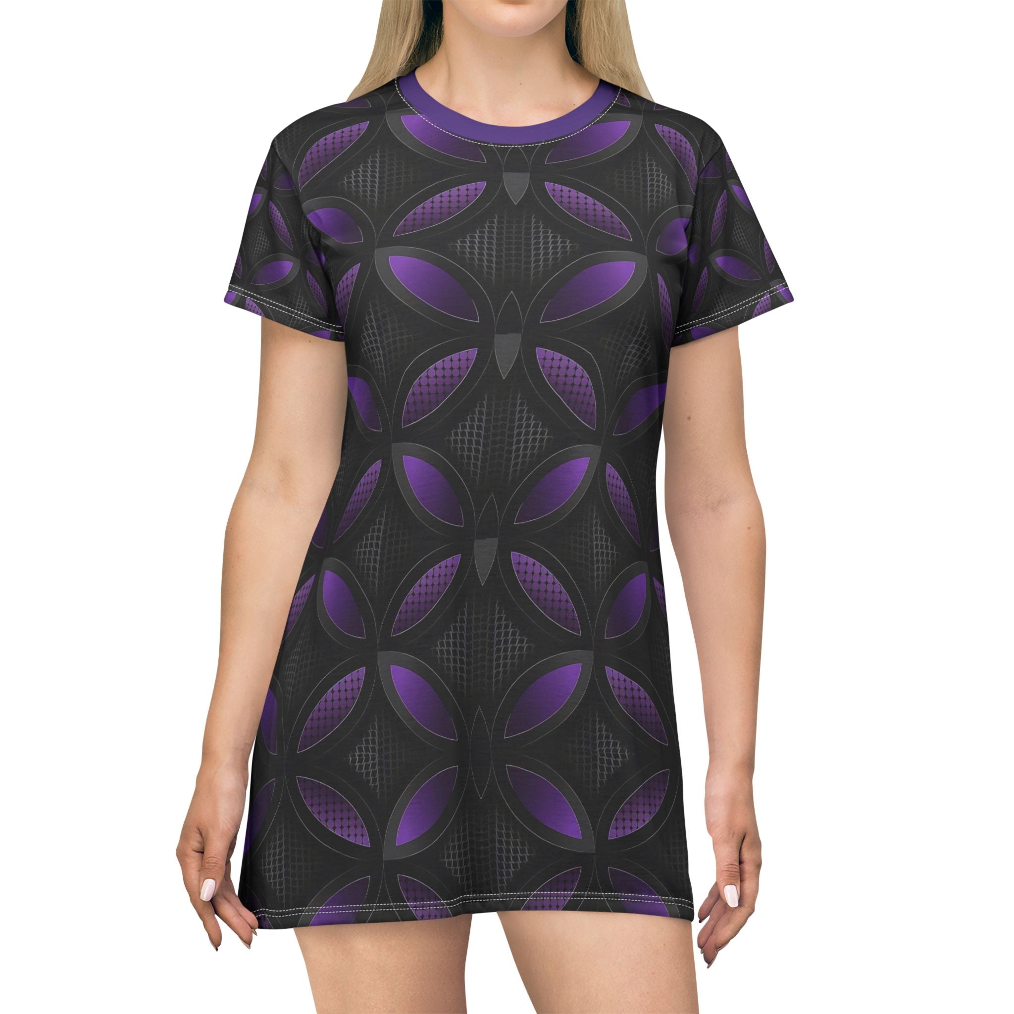 Stylish Angel Body Activewear T-Shirt Dress - Trendy Black and Purple Pattern