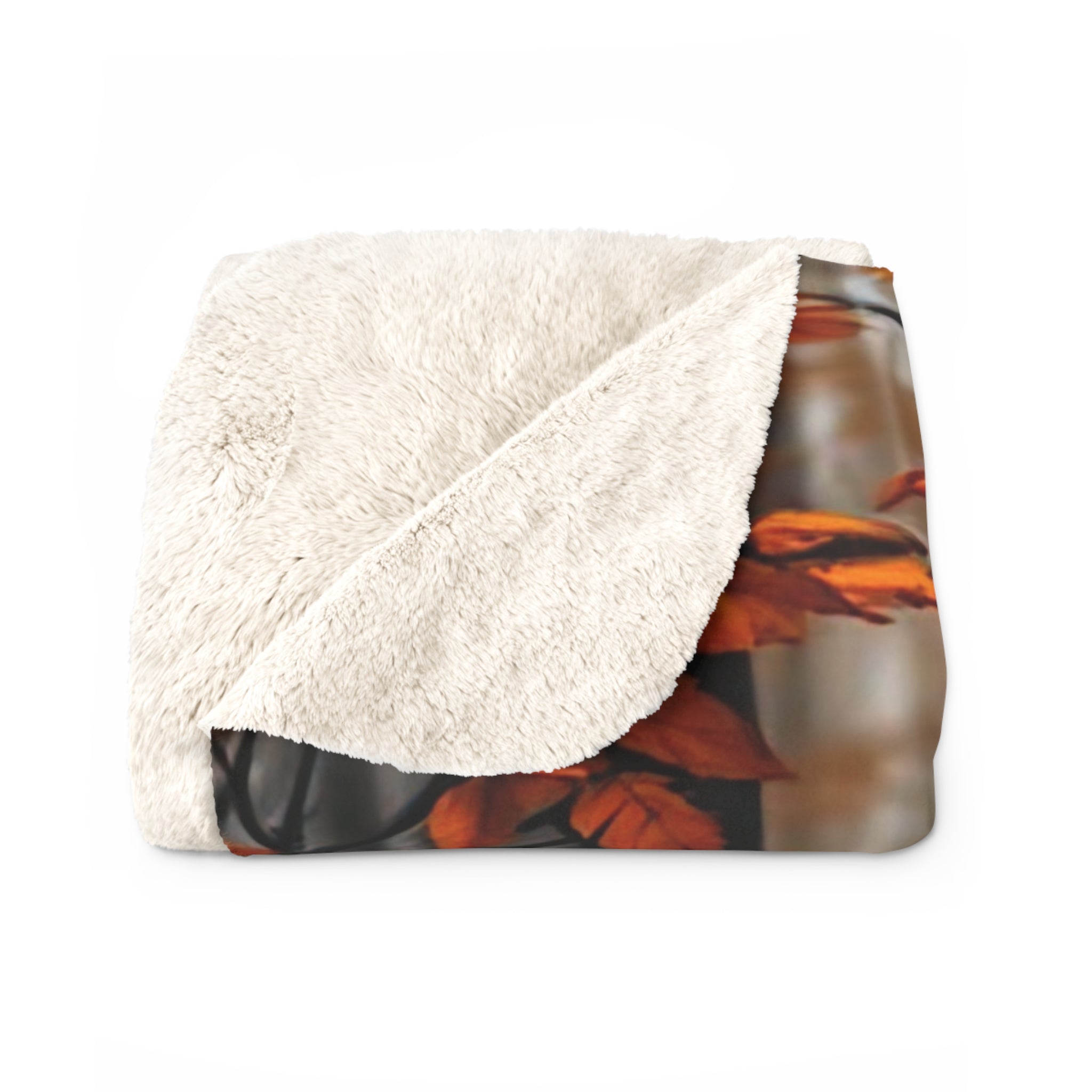 Cozy Wilderness Sherpa Fleece Blanket - Autumn Leaves & Wolf Design