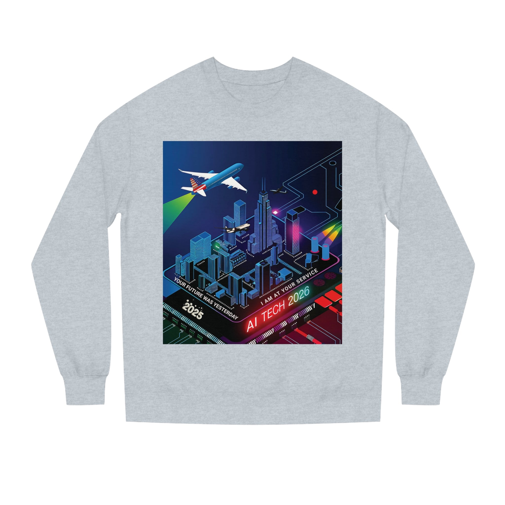 AI Tech 2026 Unisex Crew Neck Sweatshirt - Futuristic Cityscape Design for Tech Enthusiasts