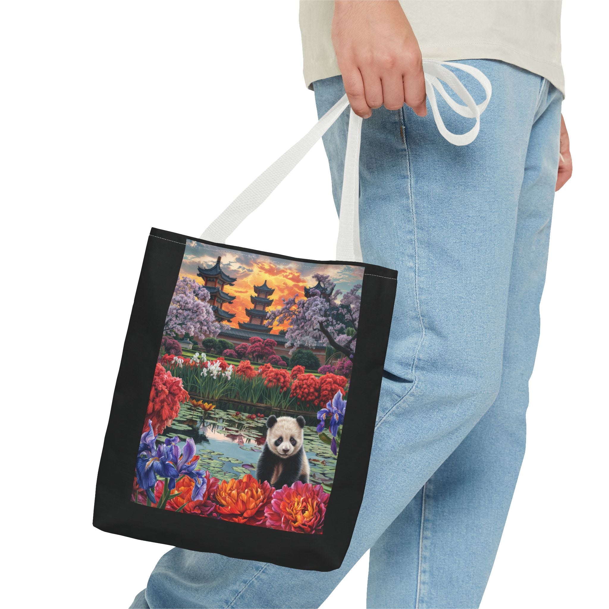 Serene Panda Tote Bag - Floral Landscape Design for Nature Lovers