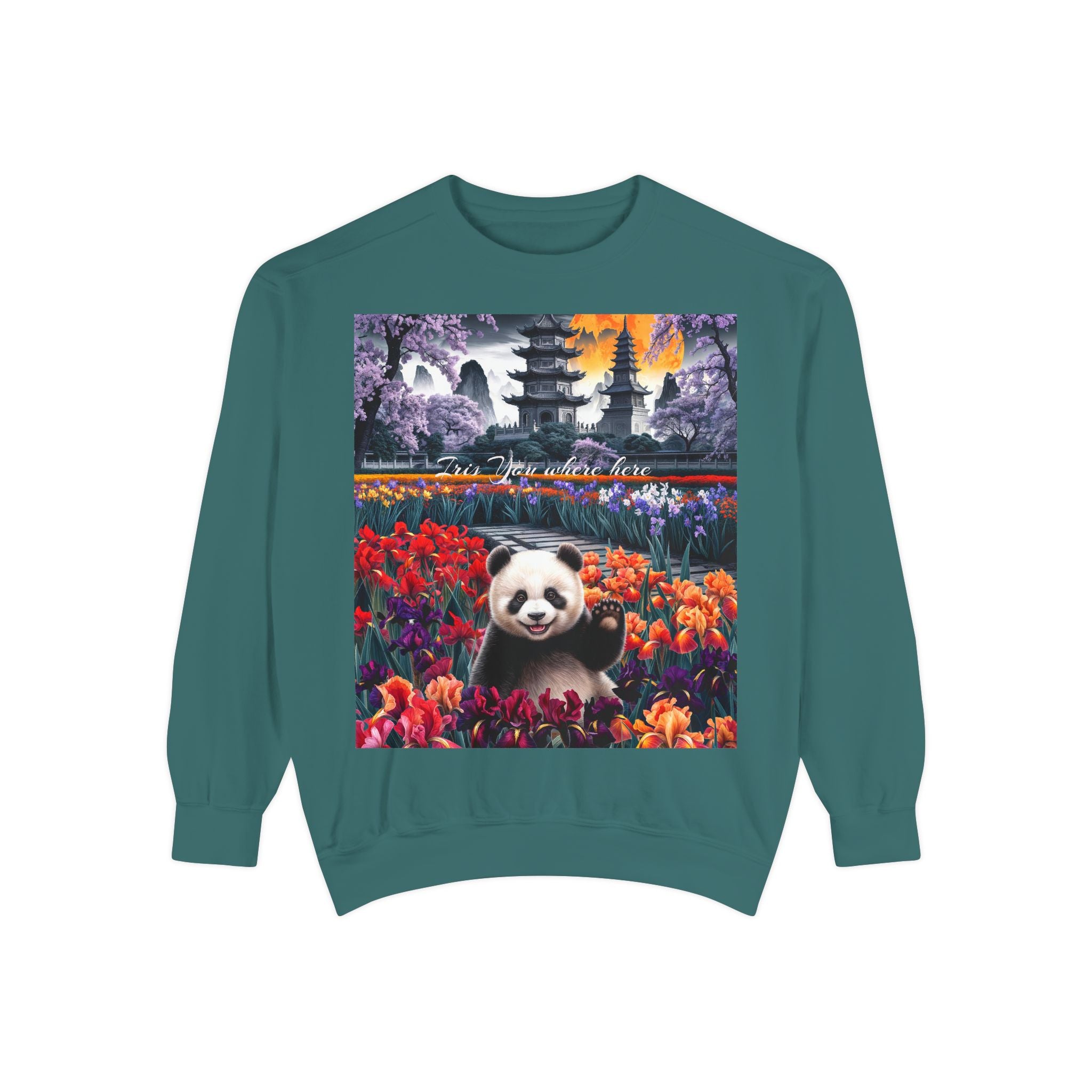 Whimsical Panda Sweatshirt - Cozy Unisex Garment-Dyed Pullover with Floral Design