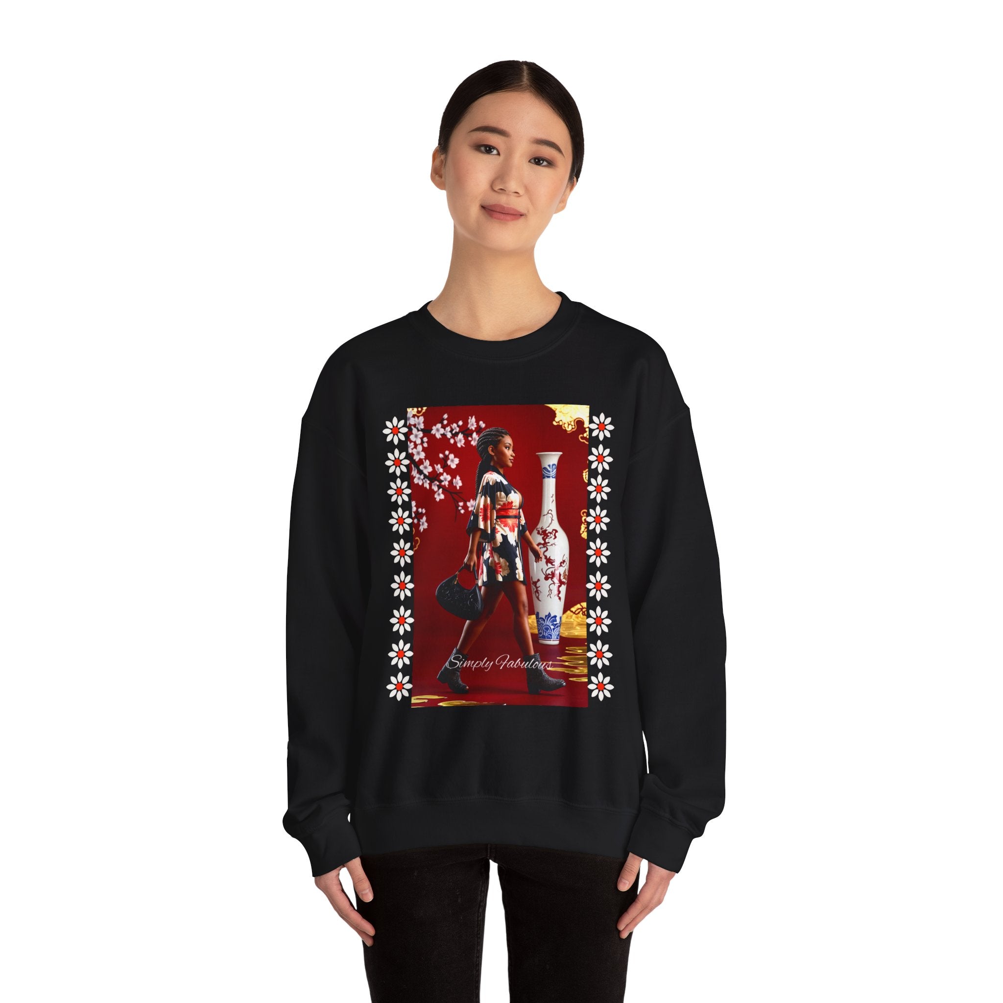 Elegant Asian-Inspired Graphic Crewneck Sweatshirt