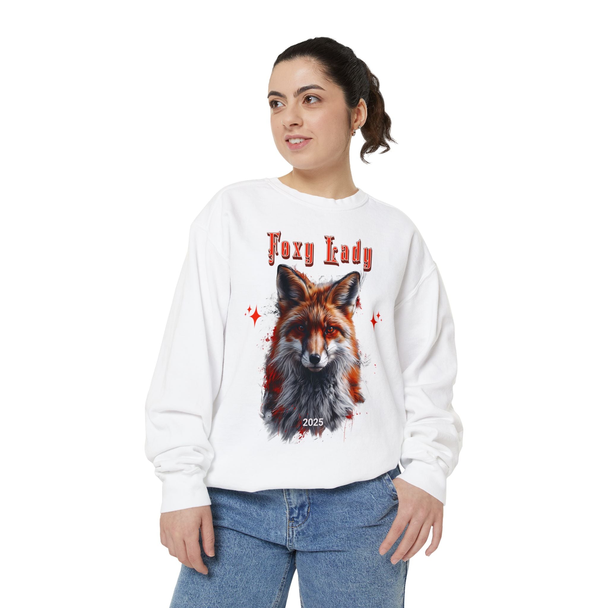 Unisex Garment - Dyed Sweatshirt: Wildlife Red Fox - with the words Foxy Lady - Angel Body