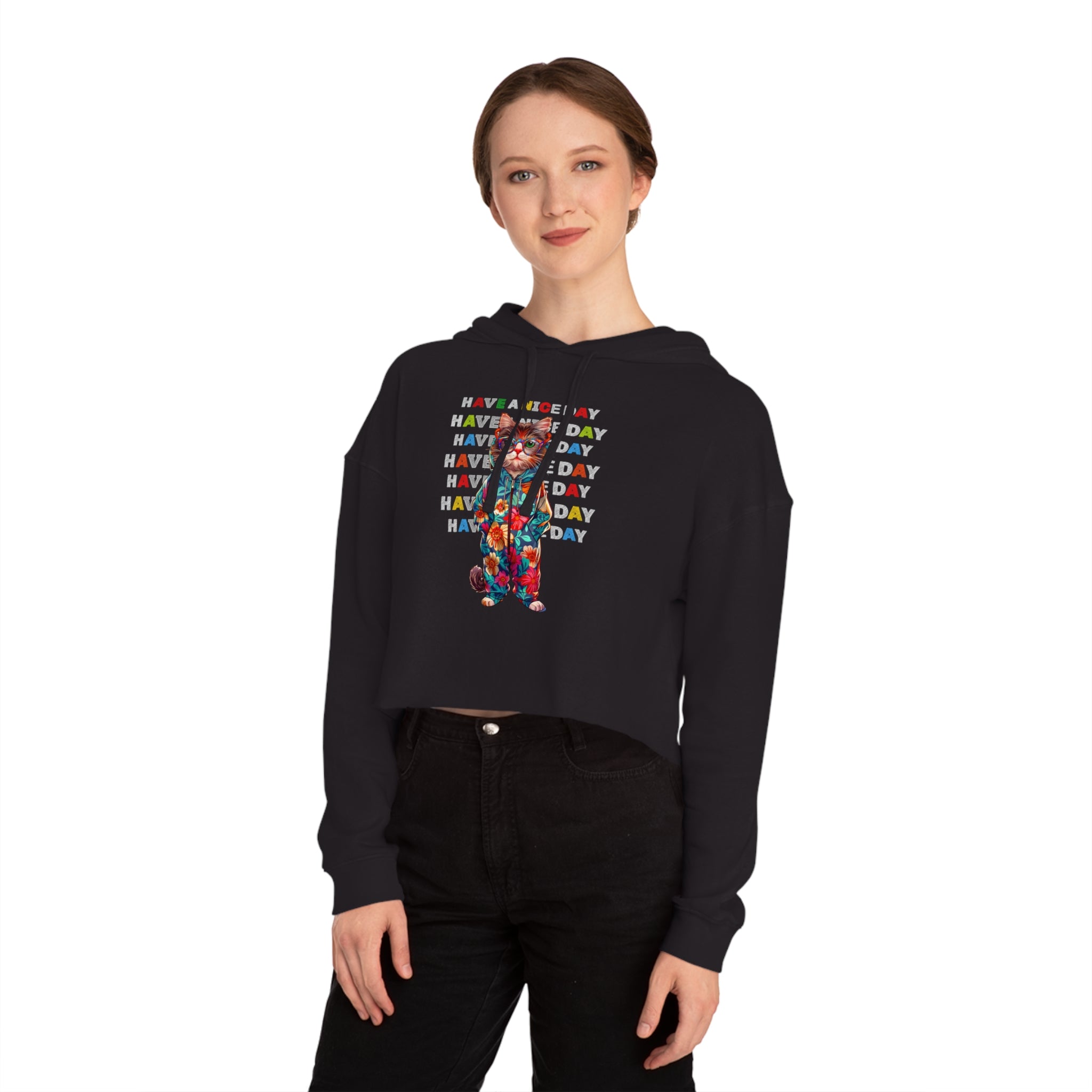 Floral Cat Women’s Cropped Hoodie - 'Have a Nice Day' Tie-Dye Sweatshirt