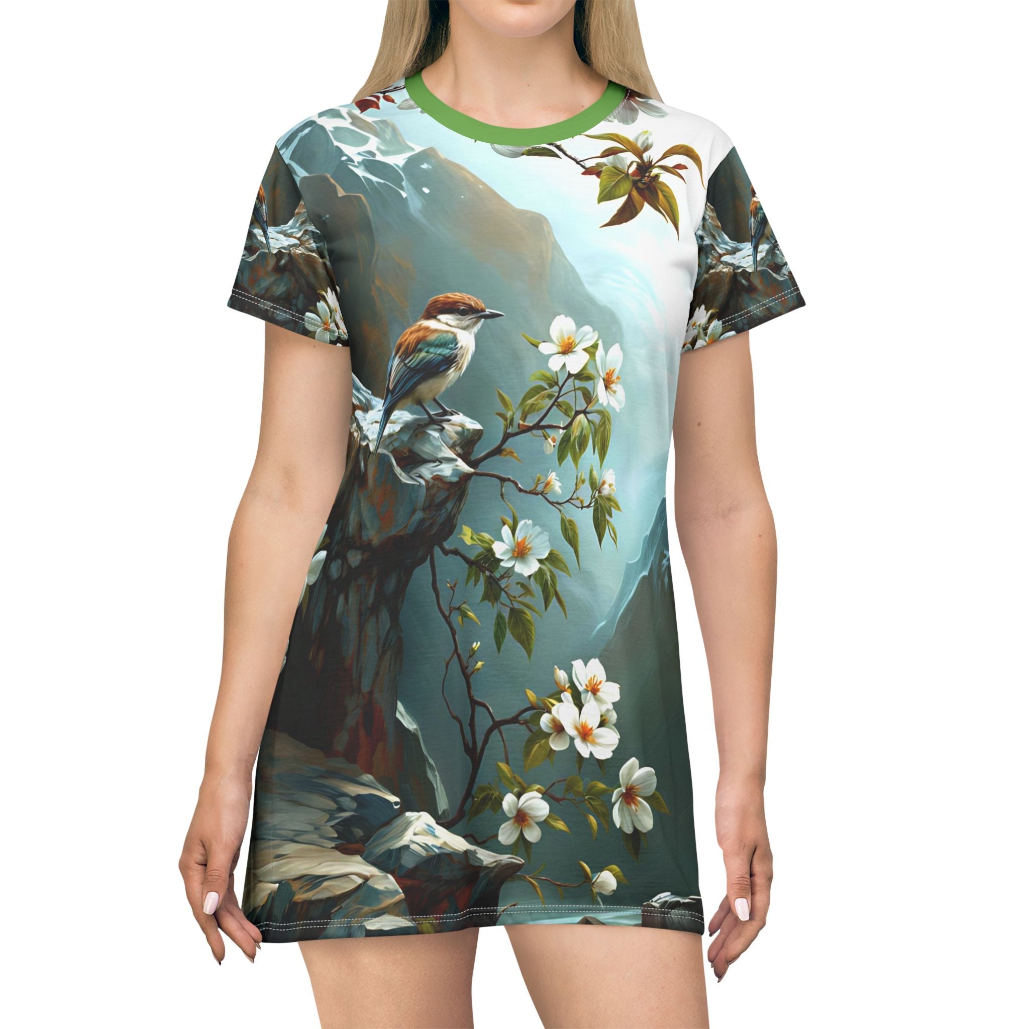 Woman's Nature-Inspired T-Shirt Dress with Floral and Bird Design