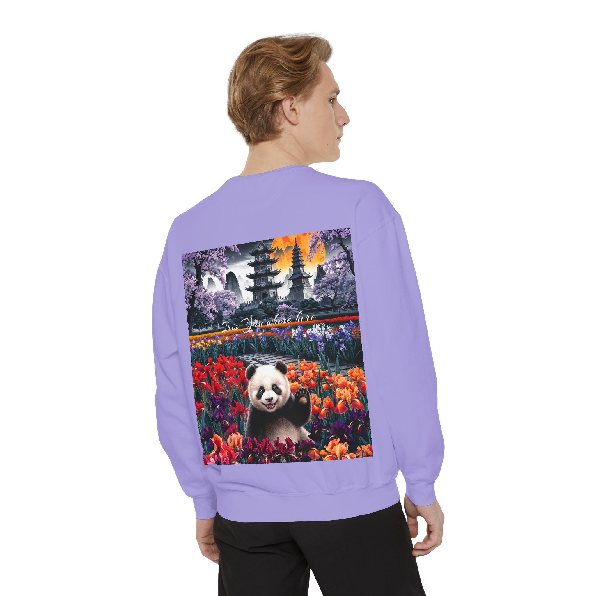 Whimsical Panda Sweatshirt - Cozy Unisex Garment-Dyed Pullover with Floral Design