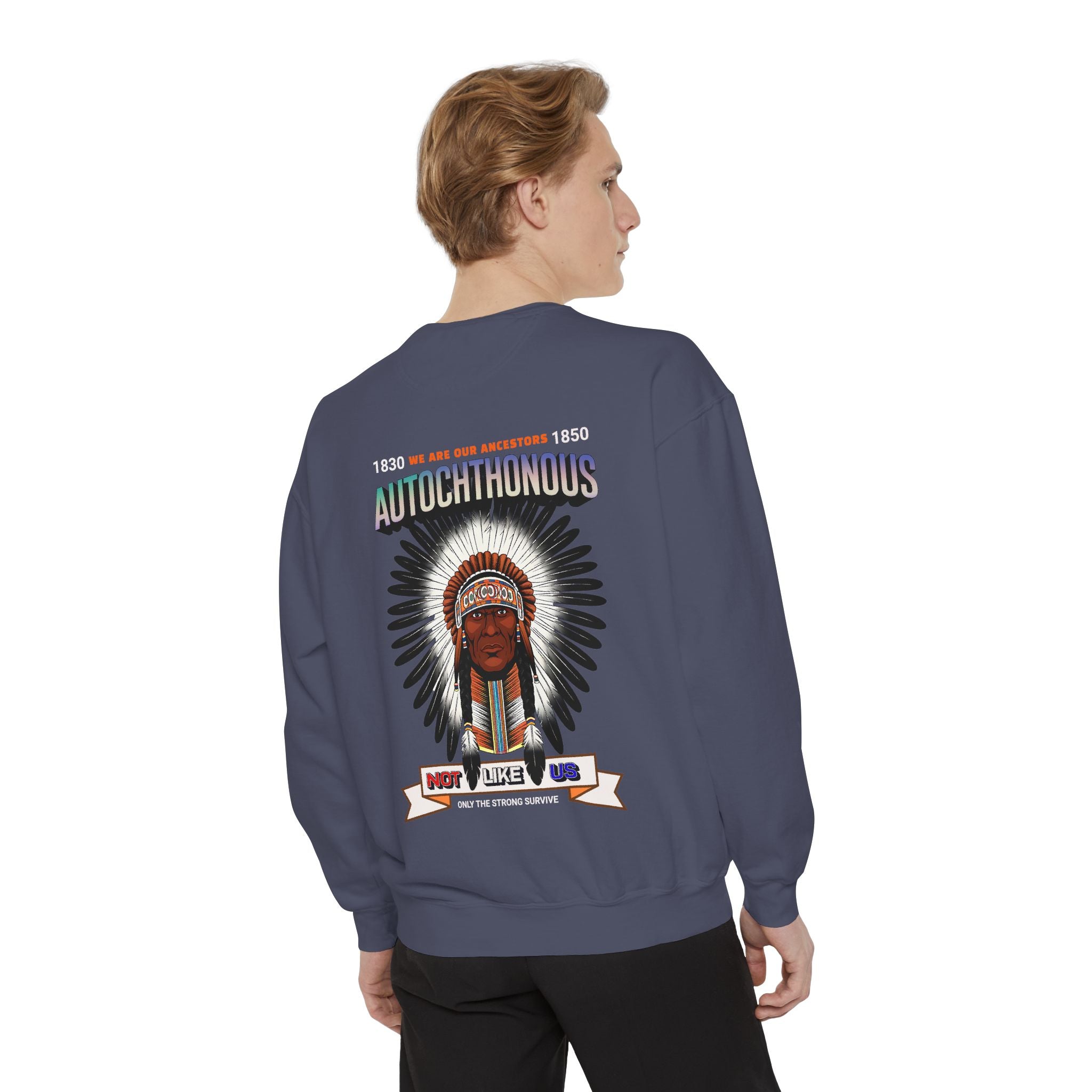 Autochthonous Heritage Sweatshirt - Unisex Garment-Dyed Hoodie with Indigenous Design