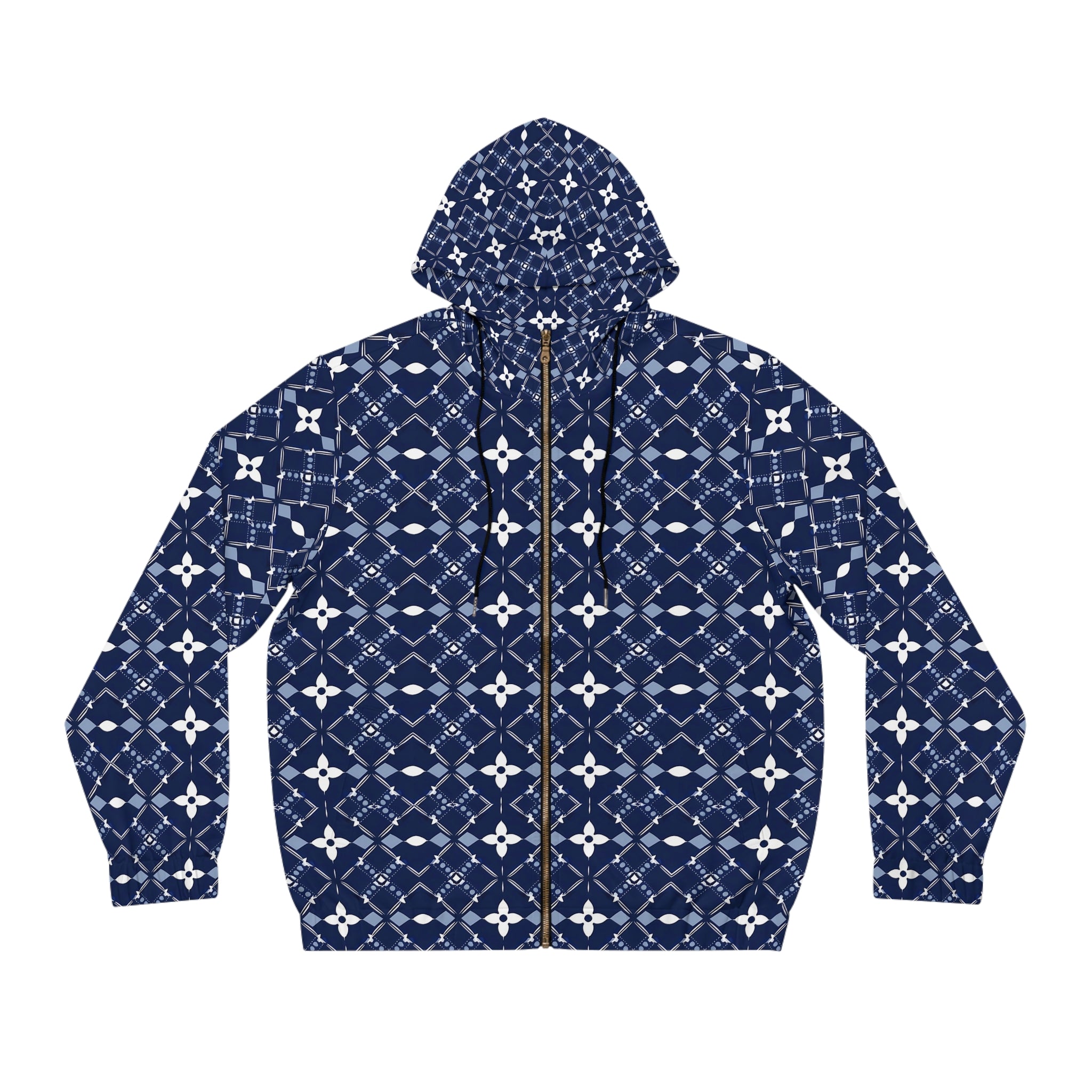 Navy Blue Geometric Pattern Full-Zip Hoodie - Comfortable & Stylish for Men