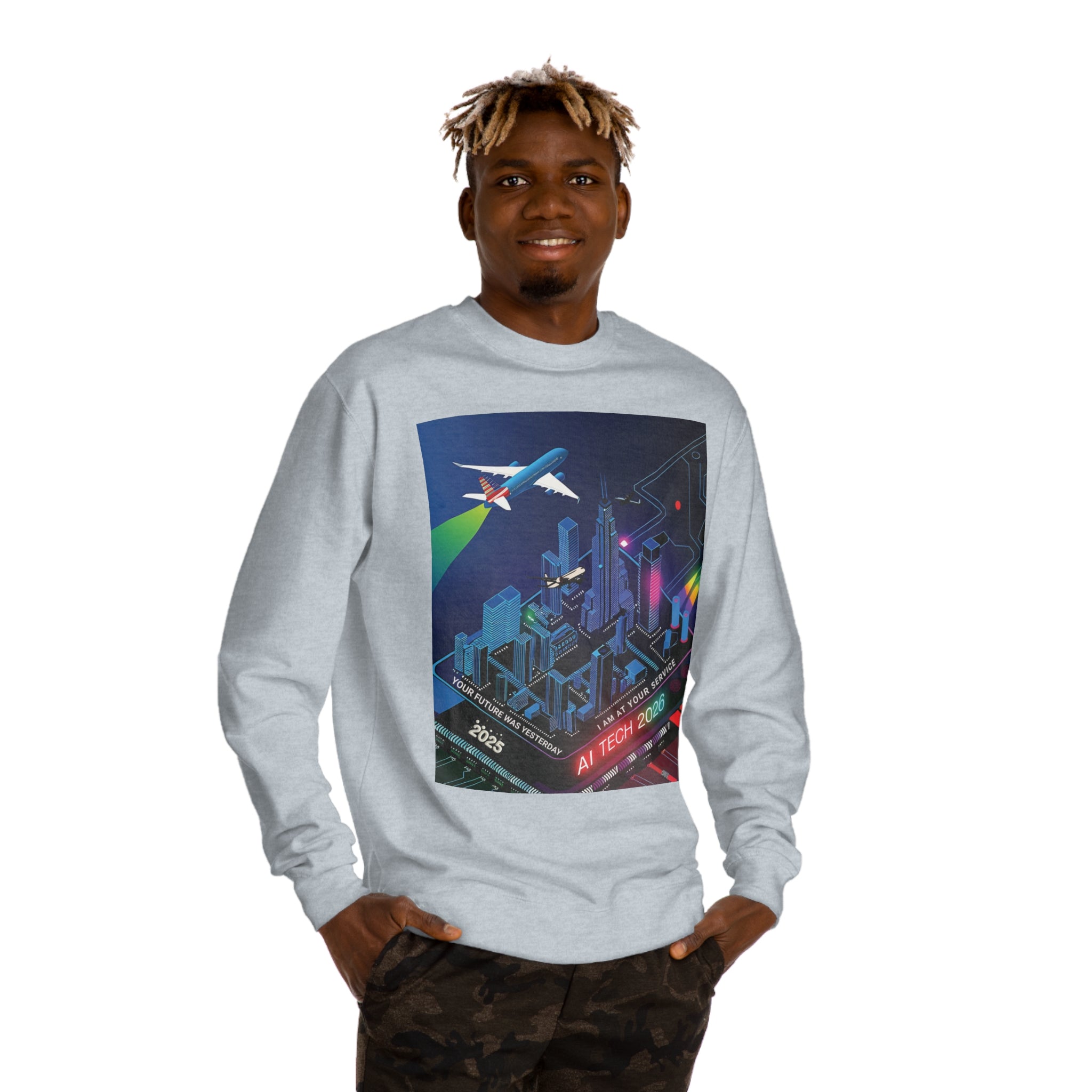 AI Tech 2026 Unisex Crew Neck Sweatshirt - Futuristic Cityscape Design for Tech Enthusiasts