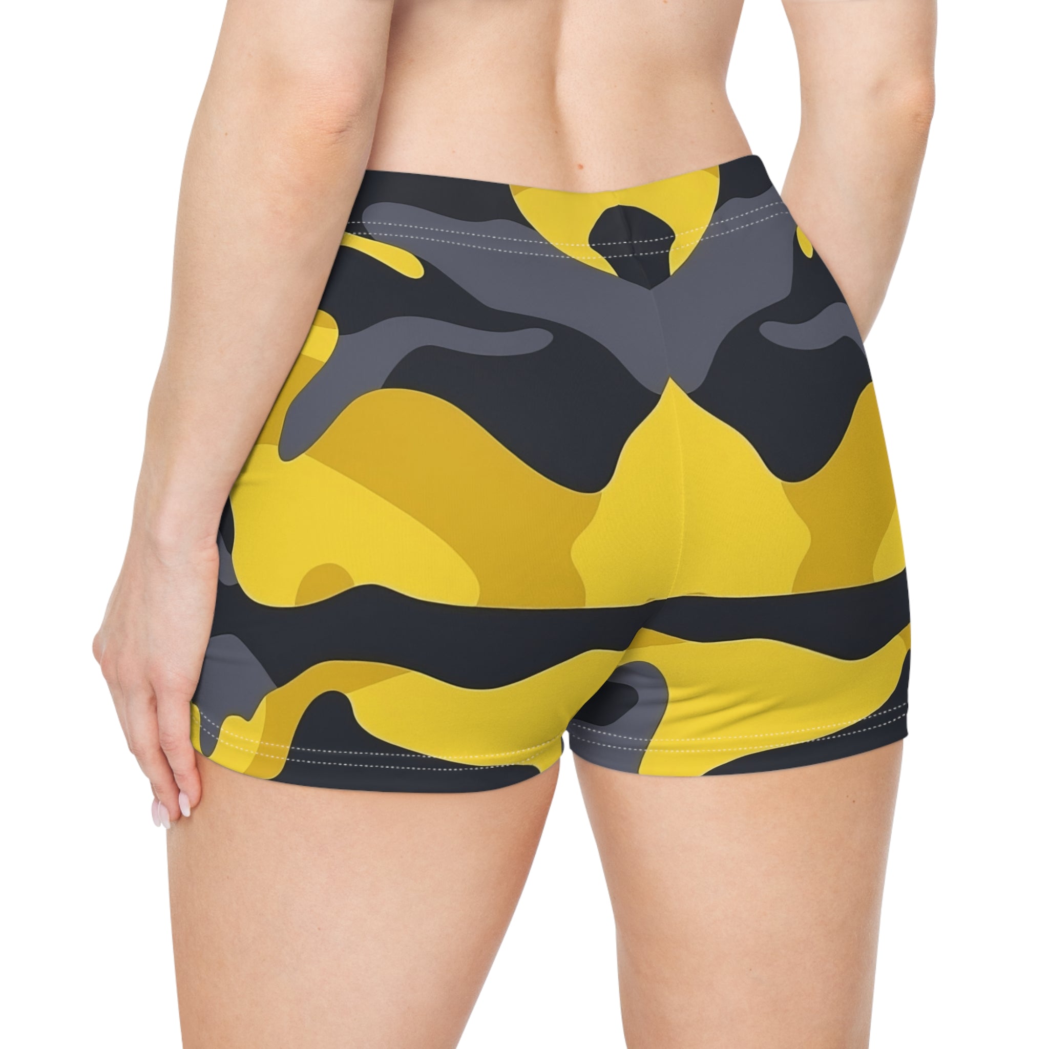 Bold Yellow Camo Women's Yoga Shorts - Stylish Activewear for Summer Adventures