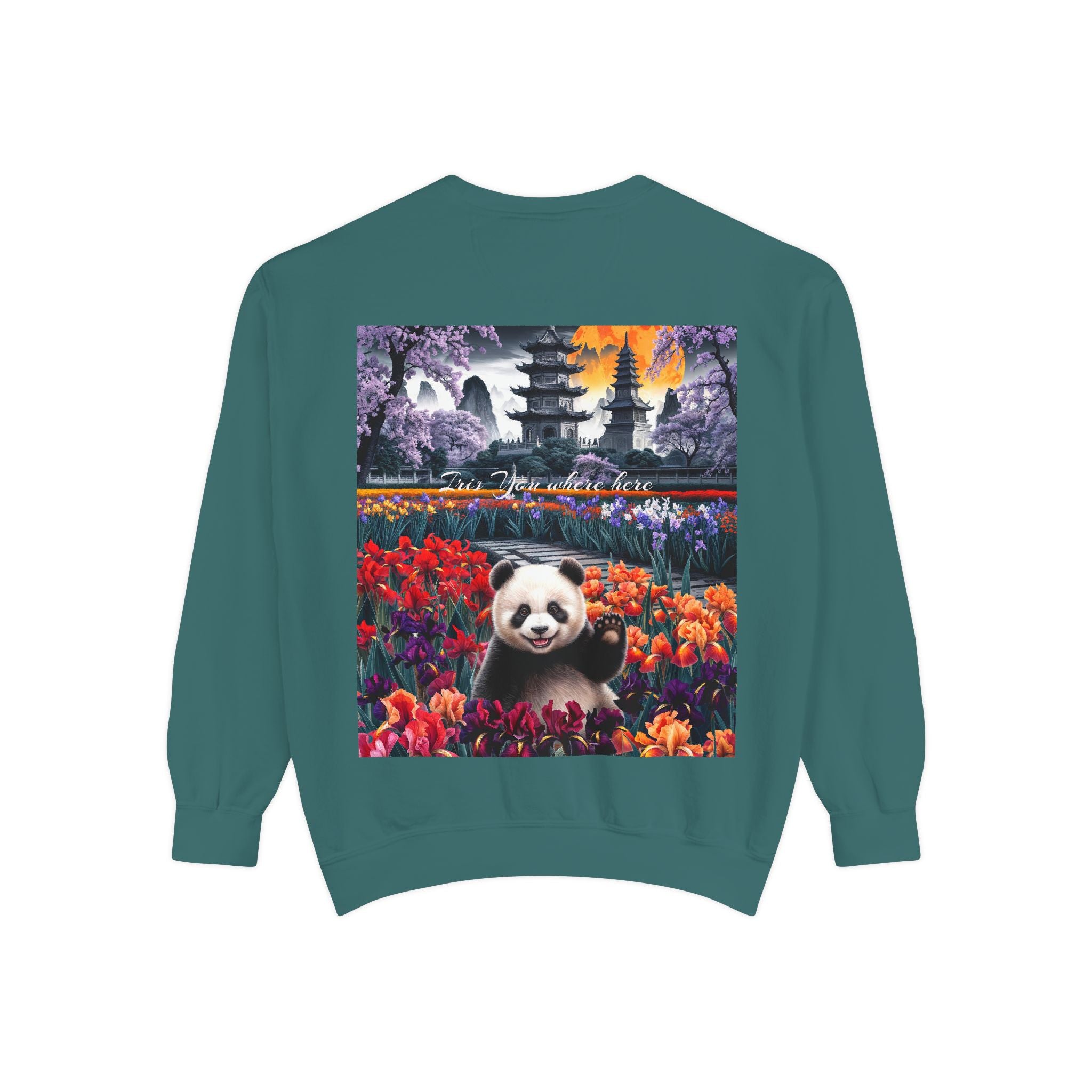 Whimsical Panda Sweatshirt - Cozy Unisex Garment-Dyed Pullover with Floral Design