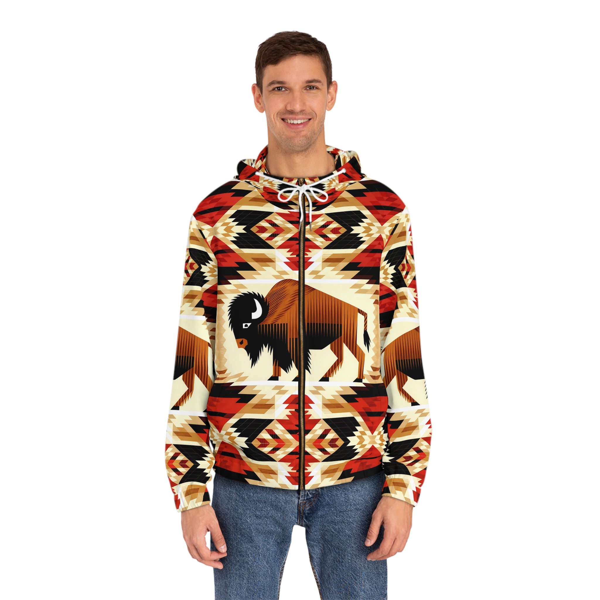 Men's Full-Zip Buffalo Print Hoodie - Southwestern Style - Angel Body