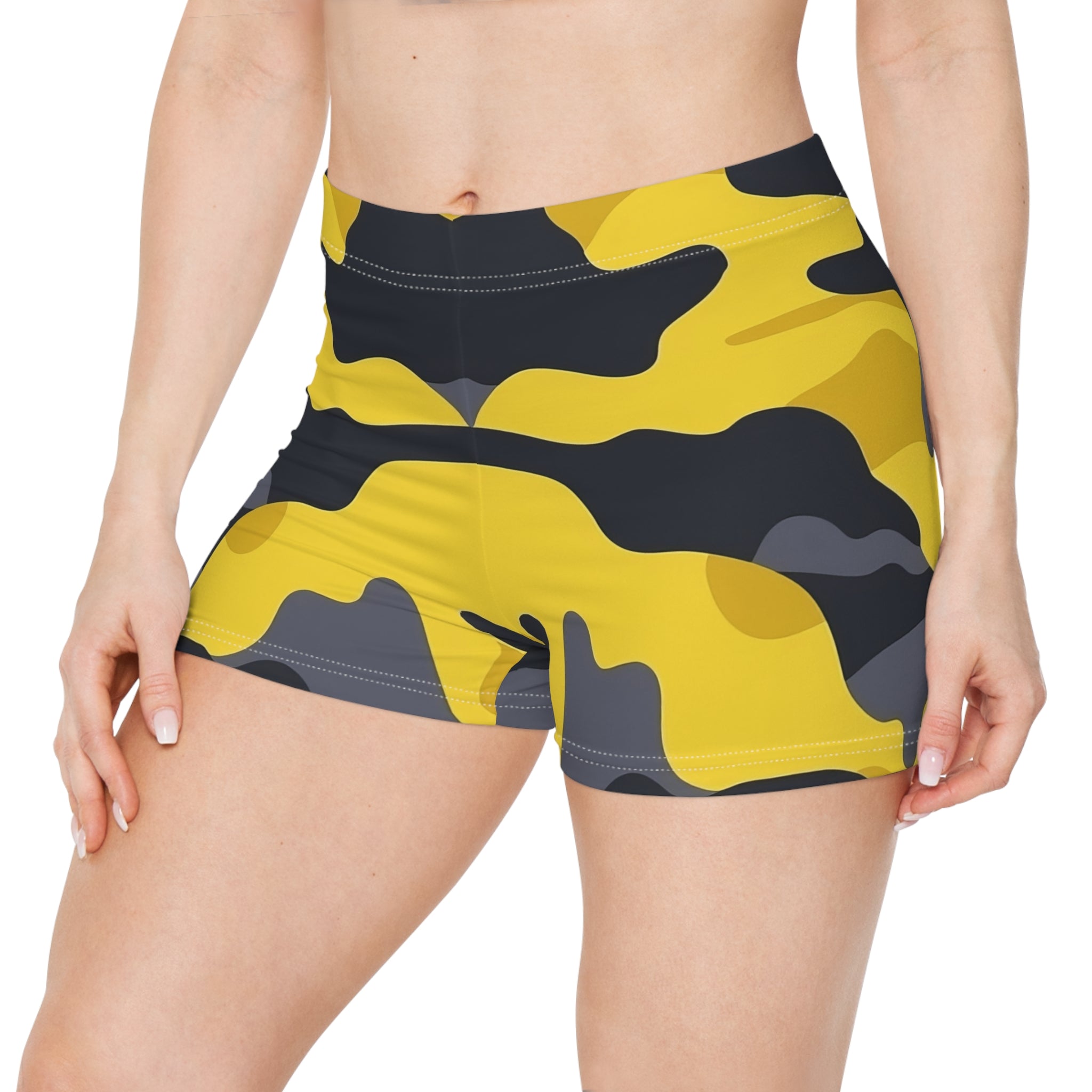 Bold Yellow Camo Women's Yoga Shorts - Stylish Activewear for Summer Adventures