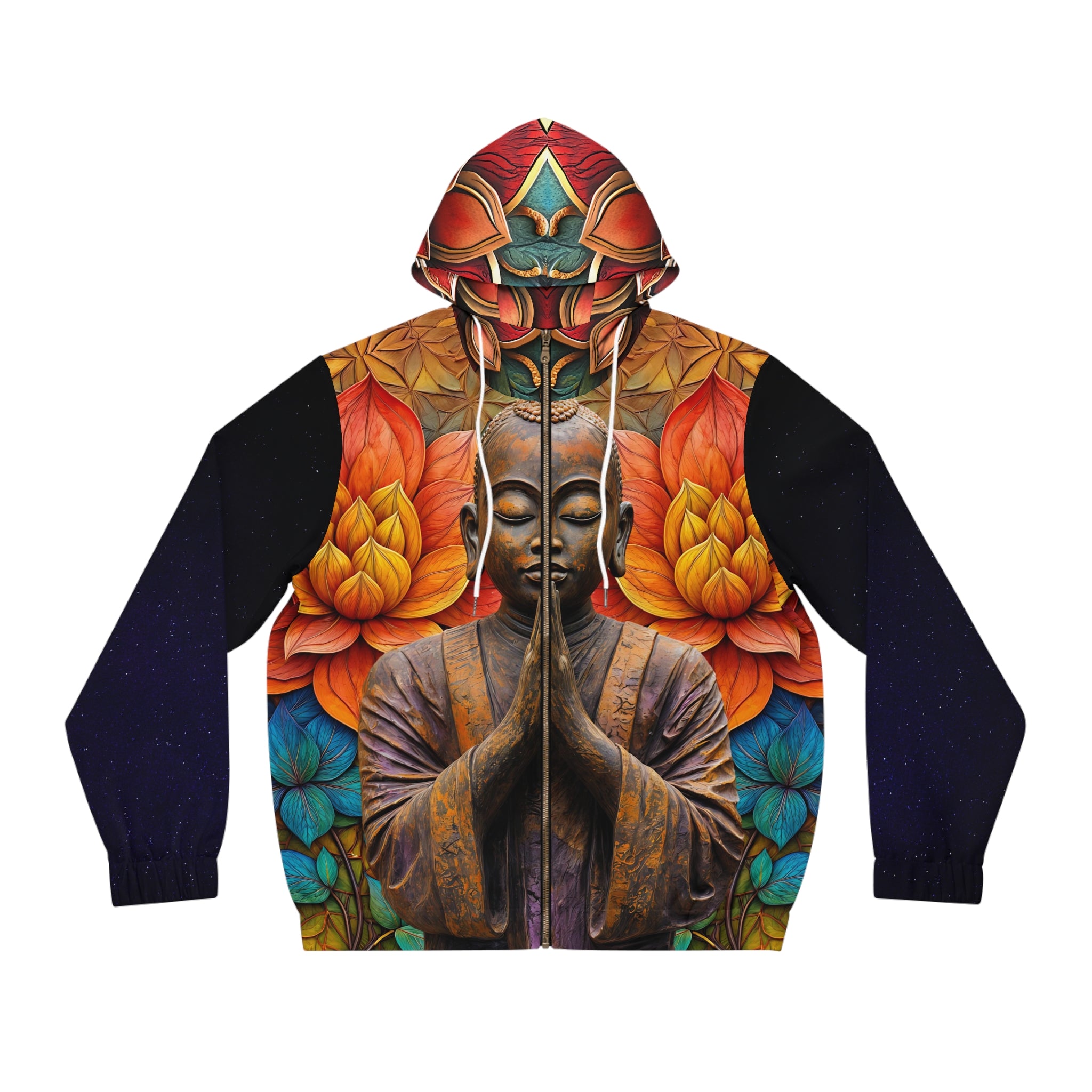 Men's Full-Zip Hoodie - Serene Buddha Floral Design