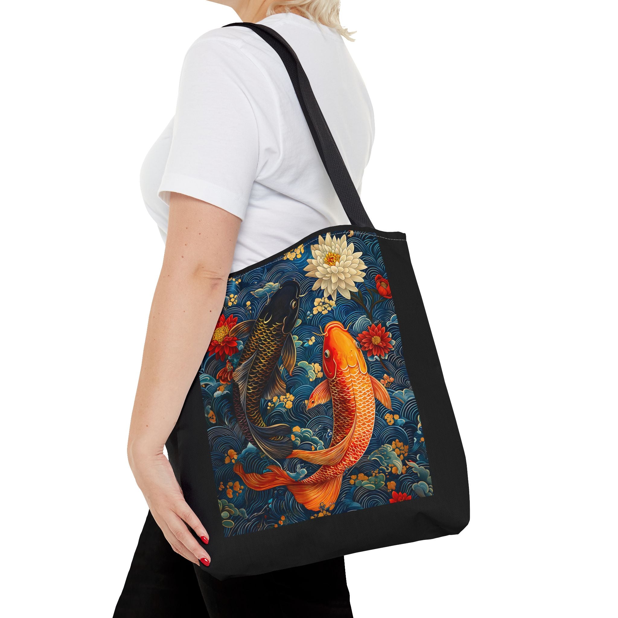 Elegant Koi Fish Tote Bag - Bright Blue Floral Design