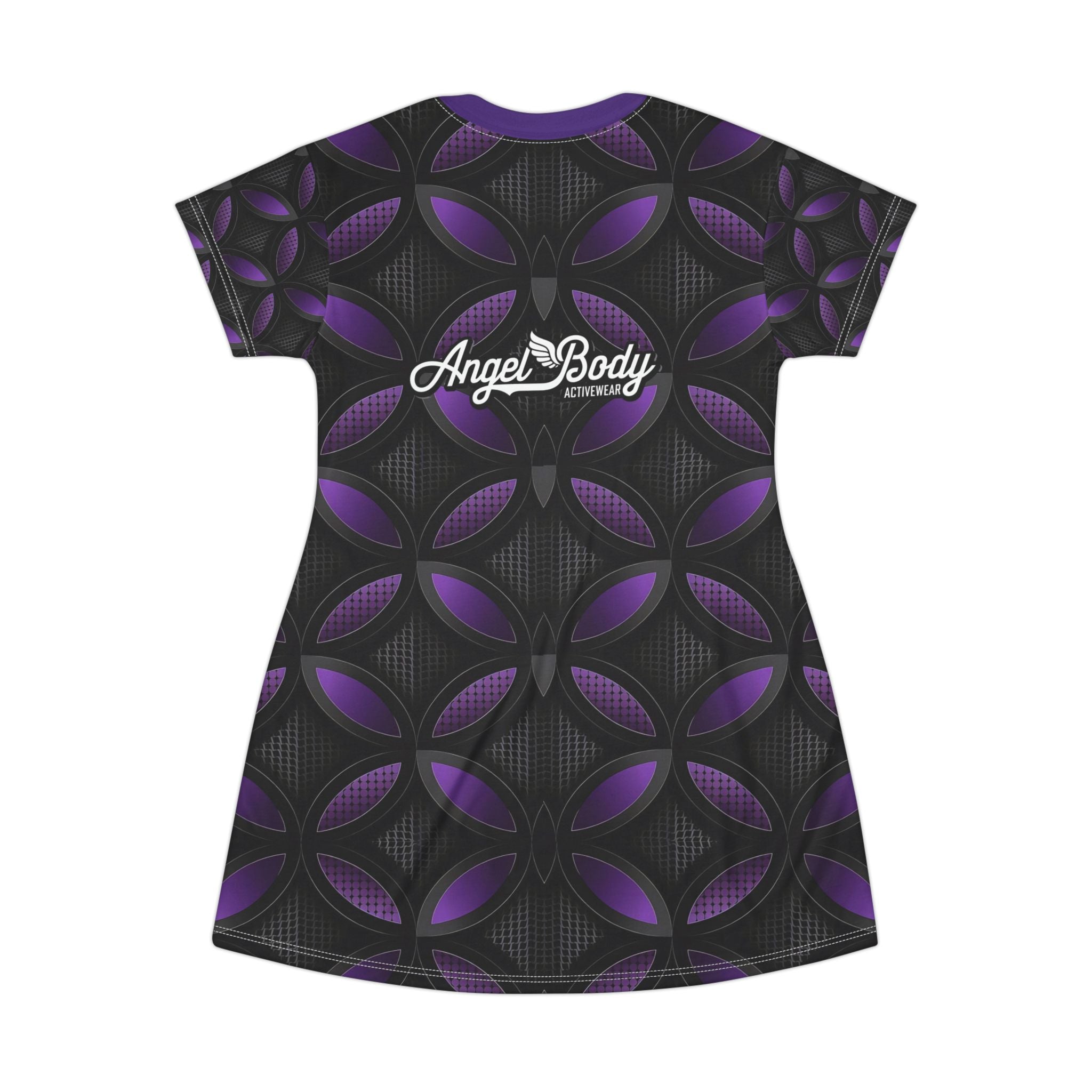 Stylish Angel Body Activewear T-Shirt Dress - Trendy Black and Purple Pattern